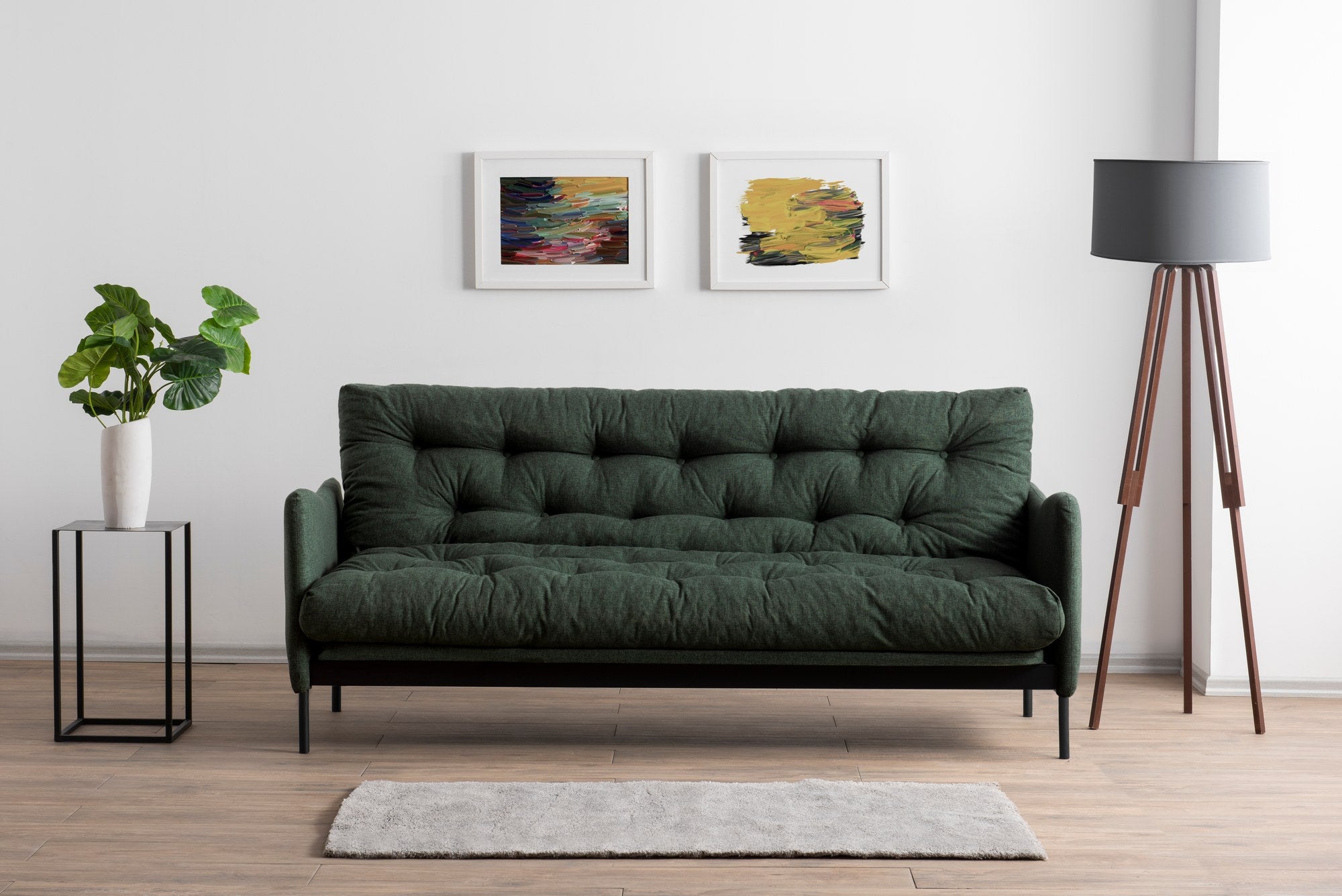 Sofá-cama elegante de 3 lugares, tecido de linho verde, 200 cm de largura | Estrutura 100% metálica, encosto ajustável em 14 níveis, transforma-se em cama | Perfeito para espaços de convivência modernos