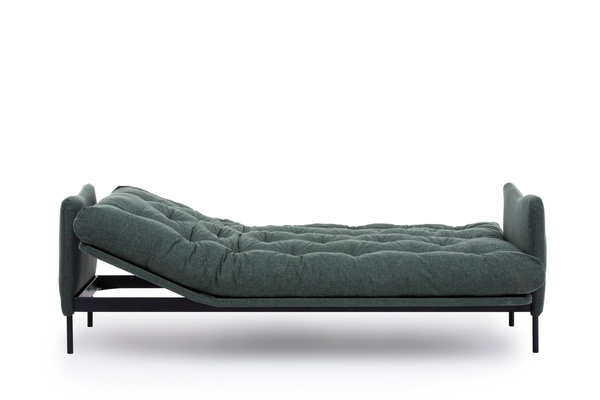 Sofá-cama elegante de 3 lugares, tecido de linho verde, 200 cm de largura | Estrutura 100% metálica, encosto ajustável em 14 níveis, transforma-se em cama | Perfeito para espaços de convivência modernos