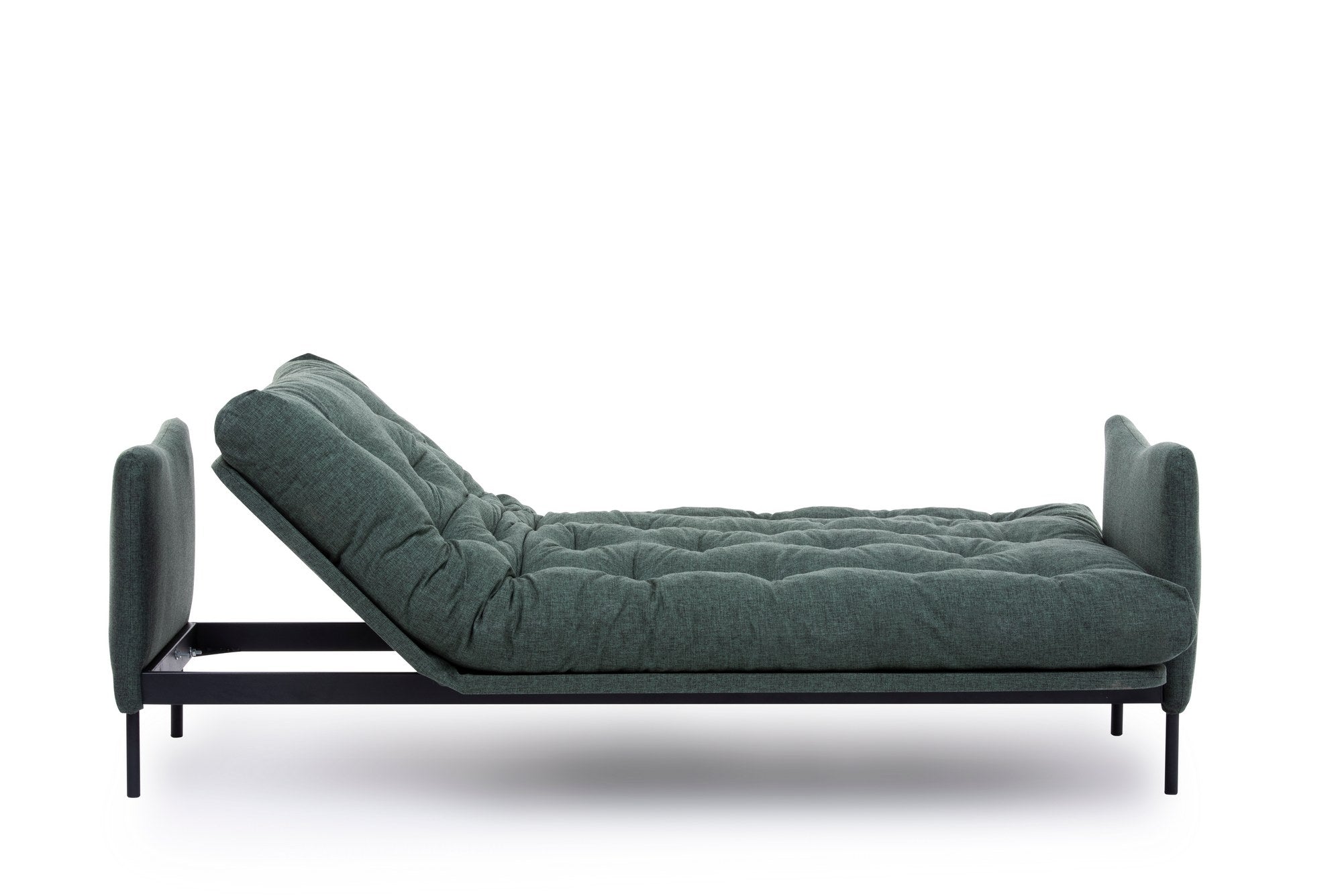 Sofá-cama elegante de 3 lugares, tecido de linho verde, 200 cm de largura | Estrutura 100% metálica, encosto ajustável em 14 níveis, transforma-se em cama | Perfeito para espaços de convivência modernos