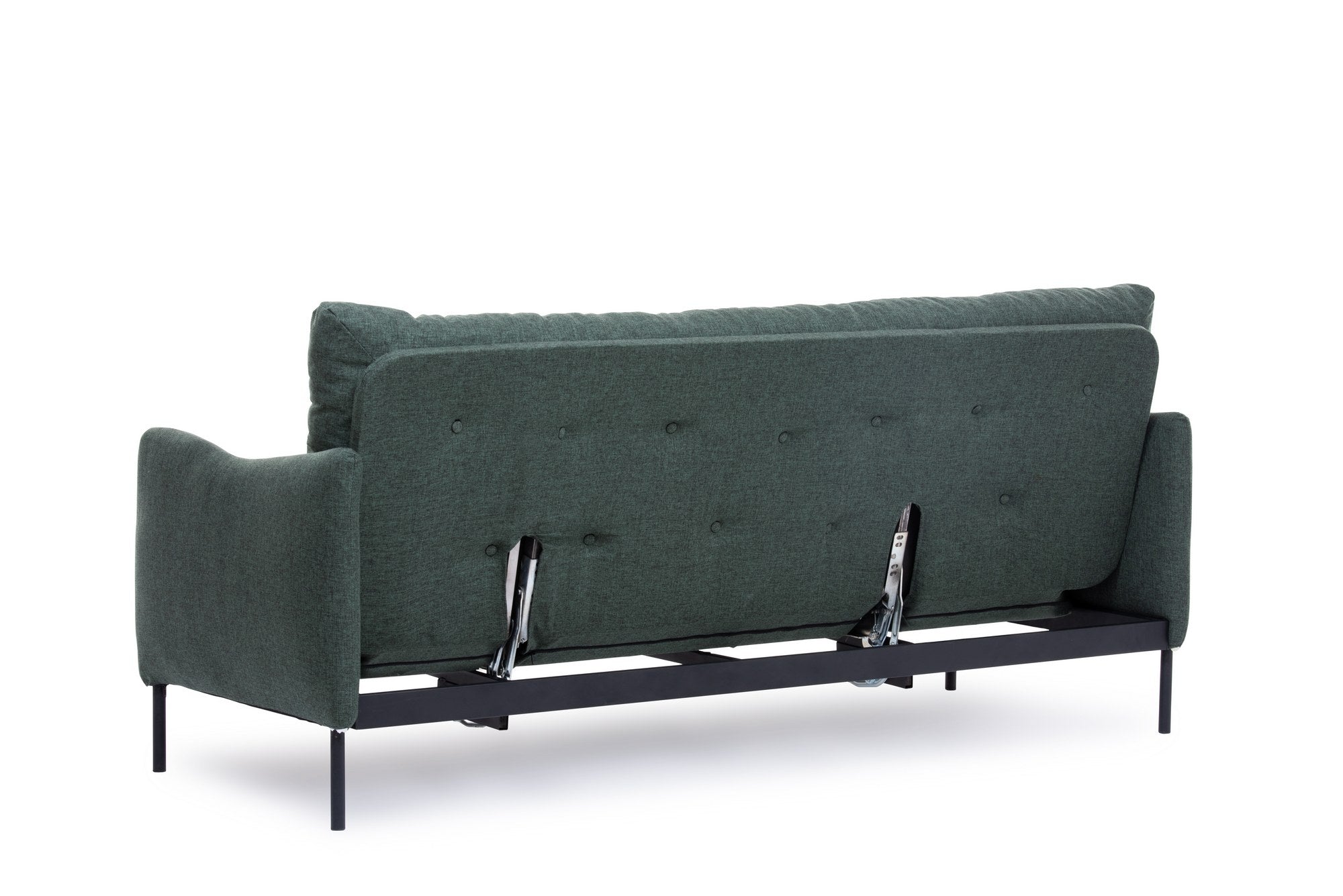 Sofá-cama elegante de 3 lugares, tecido de linho verde, 200 cm de largura | Estrutura 100% metálica, encosto ajustável em 14 níveis, transforma-se em cama | Perfeito para espaços de convivência modernos