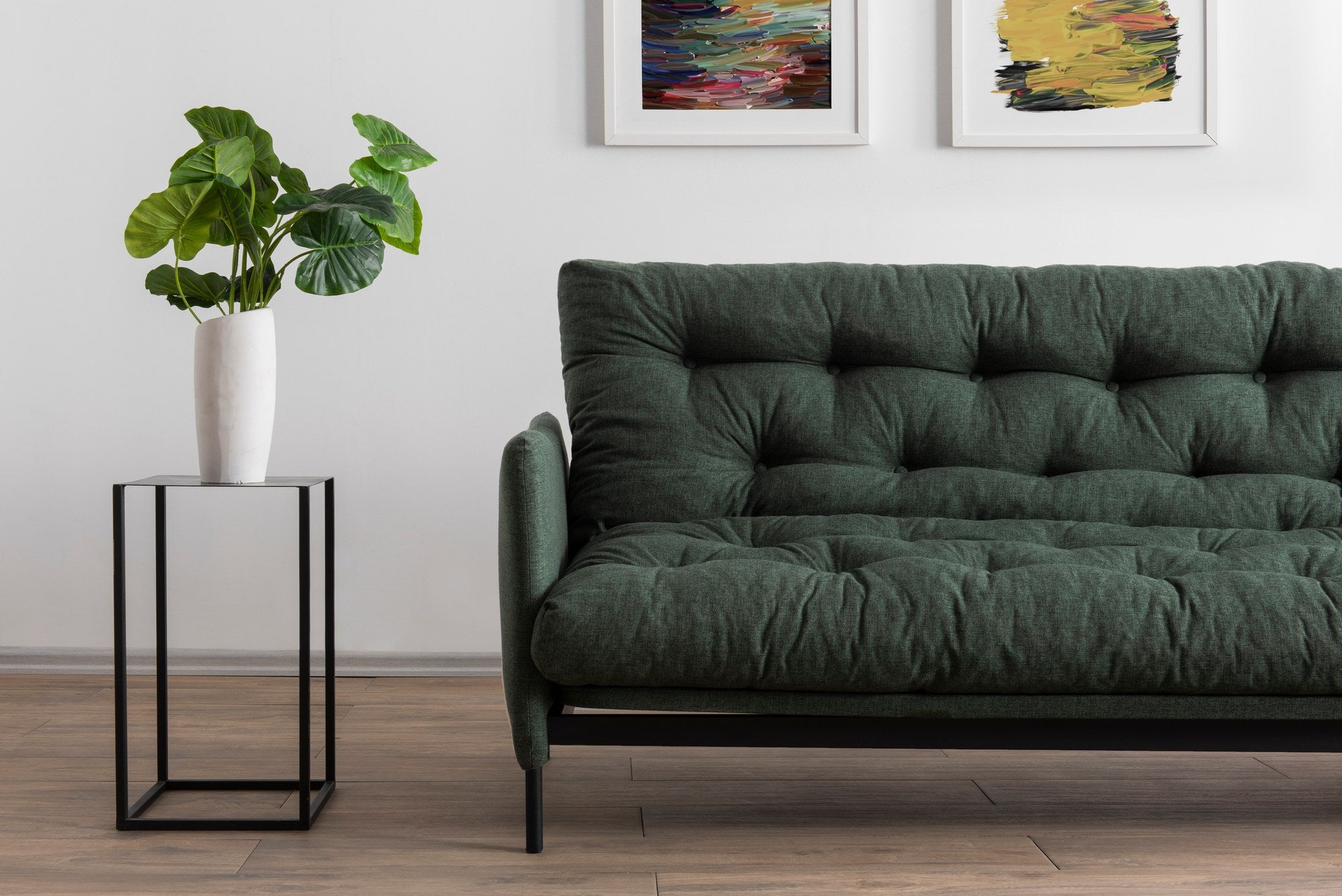 Sofá-cama elegante de 3 lugares, tecido de linho verde, 200 cm de largura | Estrutura 100% metálica, encosto ajustável em 14 níveis, transforma-se em cama | Perfeito para espaços de convivência modernos