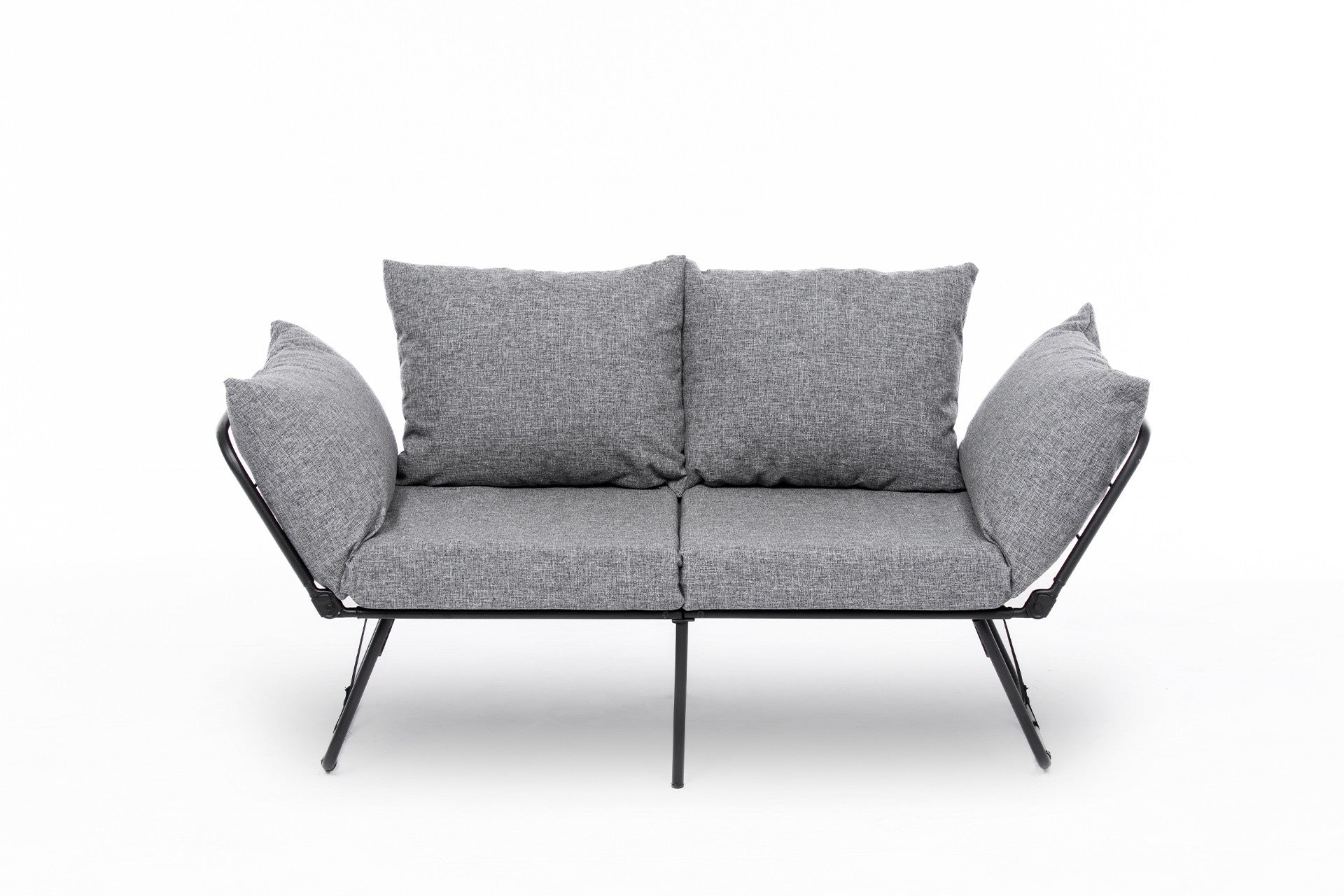 Sofá-cama cinza claro de 2 lugares, estrutura 100% metálica, tecido de linho, 150 cm | Facilmente conversível, braços ajustáveis em 14 níveis, perfeito para espaços modernos