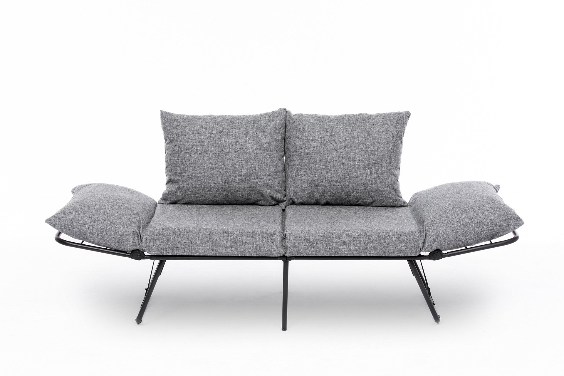 Sofá-cama cinza claro de 2 lugares, estrutura 100% metálica, tecido de linho, 150 cm | Facilmente conversível, braços ajustáveis em 14 níveis, perfeito para espaços modernos