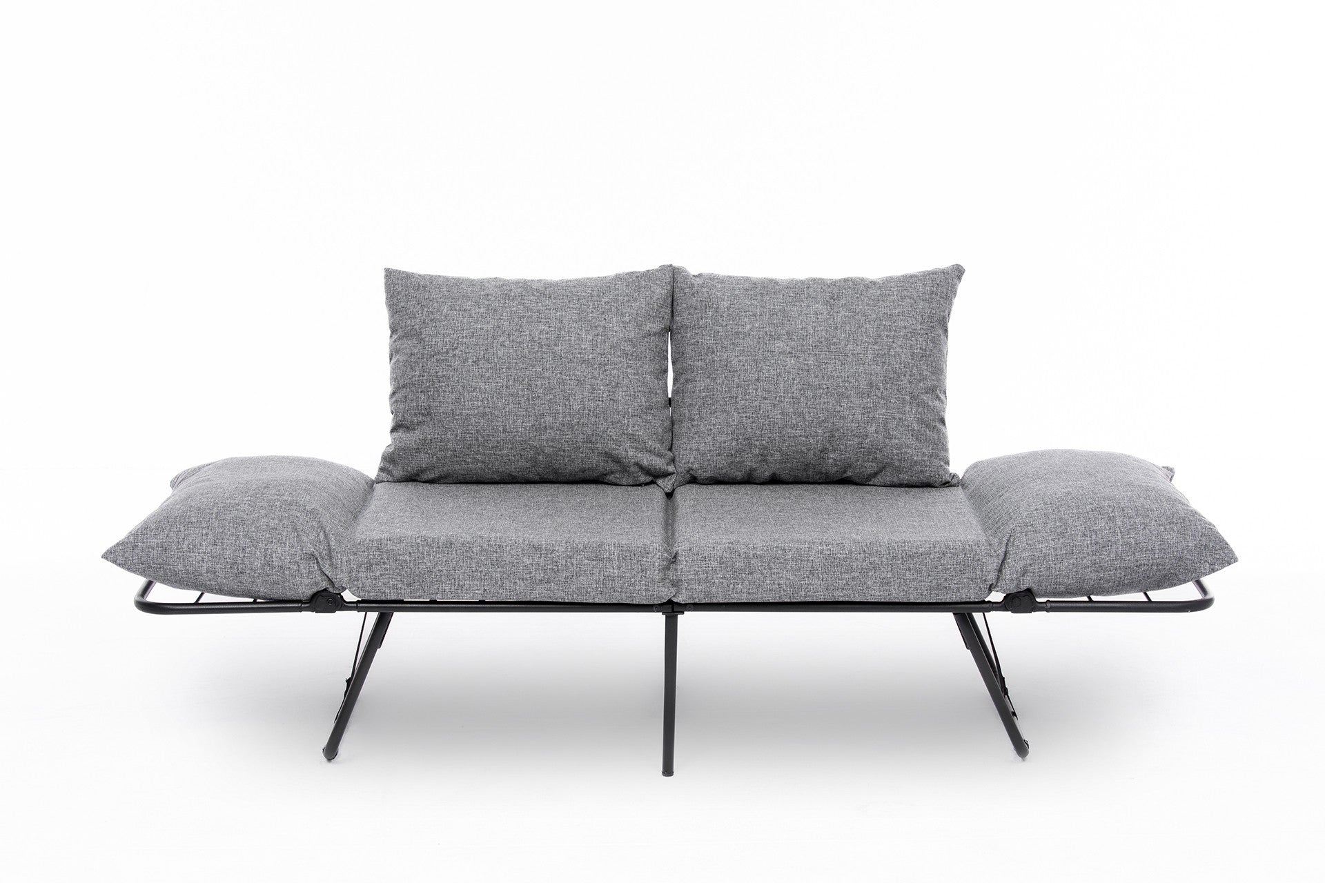 Sofá-cama cinza claro de 2 lugares, estrutura 100% metálica, tecido de linho, 150 cm | Facilmente conversível, braços ajustáveis em 14 níveis, perfeito para espaços modernos