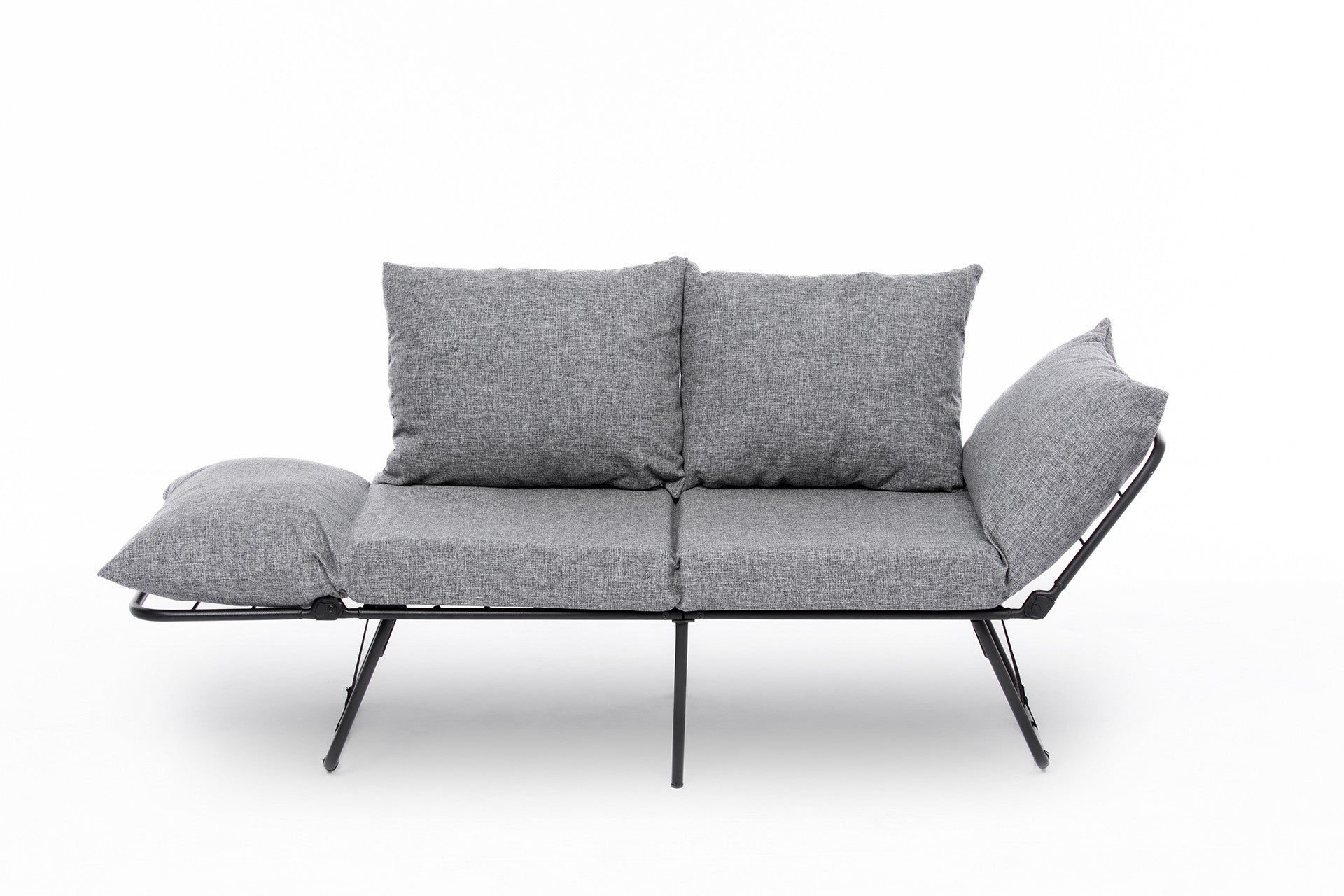 Sofá-cama cinza claro de 2 lugares, estrutura 100% metálica, tecido de linho, 150 cm | Facilmente conversível, braços ajustáveis em 14 níveis, perfeito para espaços modernos