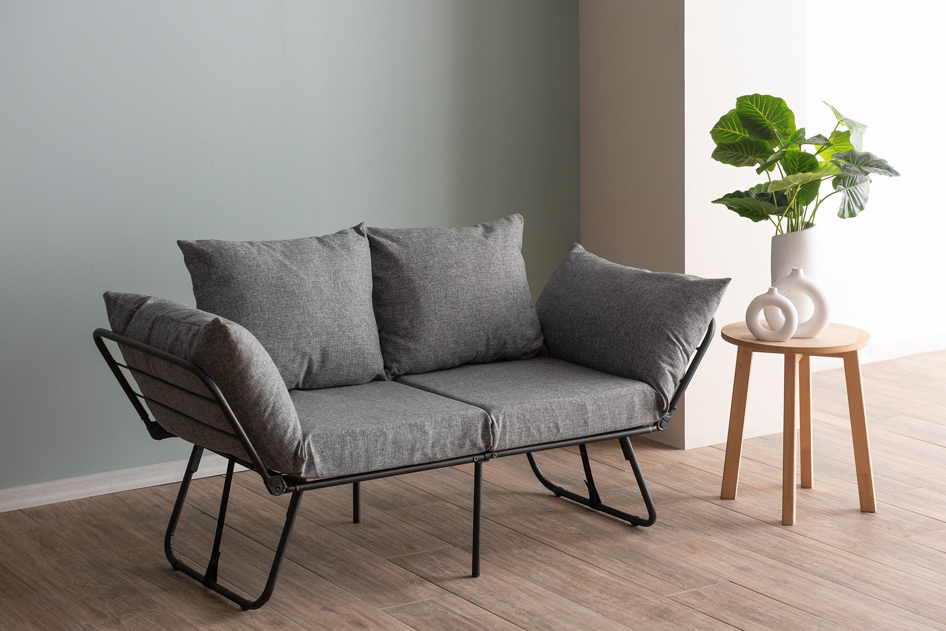 Sofá-cama cinza claro de 2 lugares, estrutura 100% metálica, tecido de linho, 150 cm | Facilmente conversível, braços ajustáveis em 14 níveis, perfeito para espaços modernos