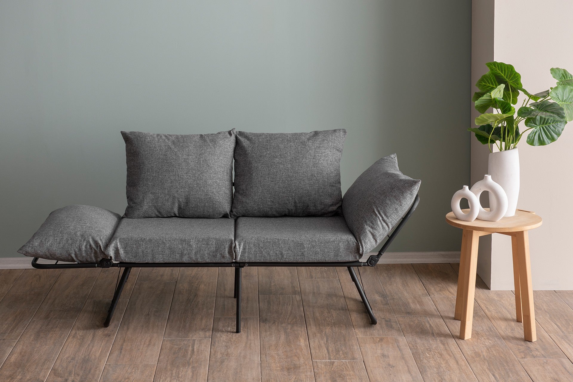 Sofá-cama cinza claro de 2 lugares, estrutura 100% metálica, tecido de linho, 150 cm | Facilmente conversível, braços ajustáveis em 14 níveis, perfeito para espaços modernos