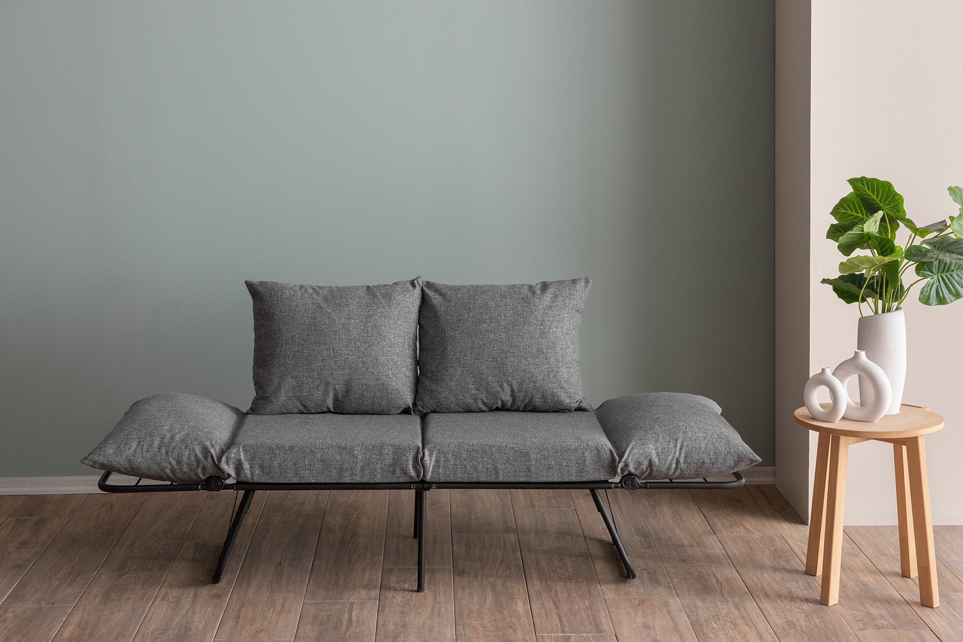 Sofá-cama cinza claro de 2 lugares, estrutura 100% metálica, tecido de linho, 150 cm | Facilmente conversível, braços ajustáveis em 14 níveis, perfeito para espaços modernos