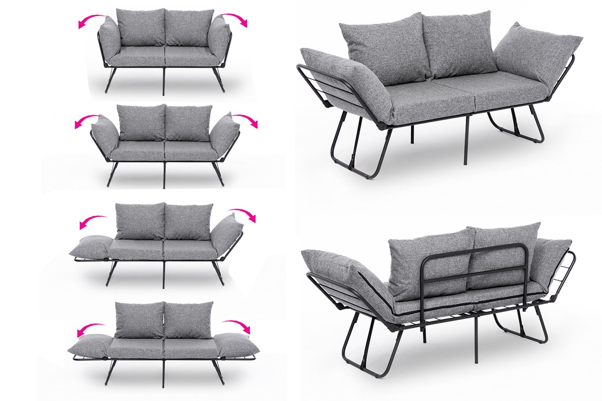 Sofá-cama cinza claro de 2 lugares, estrutura 100% metálica, tecido de linho, 150 cm | Facilmente conversível, braços ajustáveis em 14 níveis, perfeito para espaços modernos