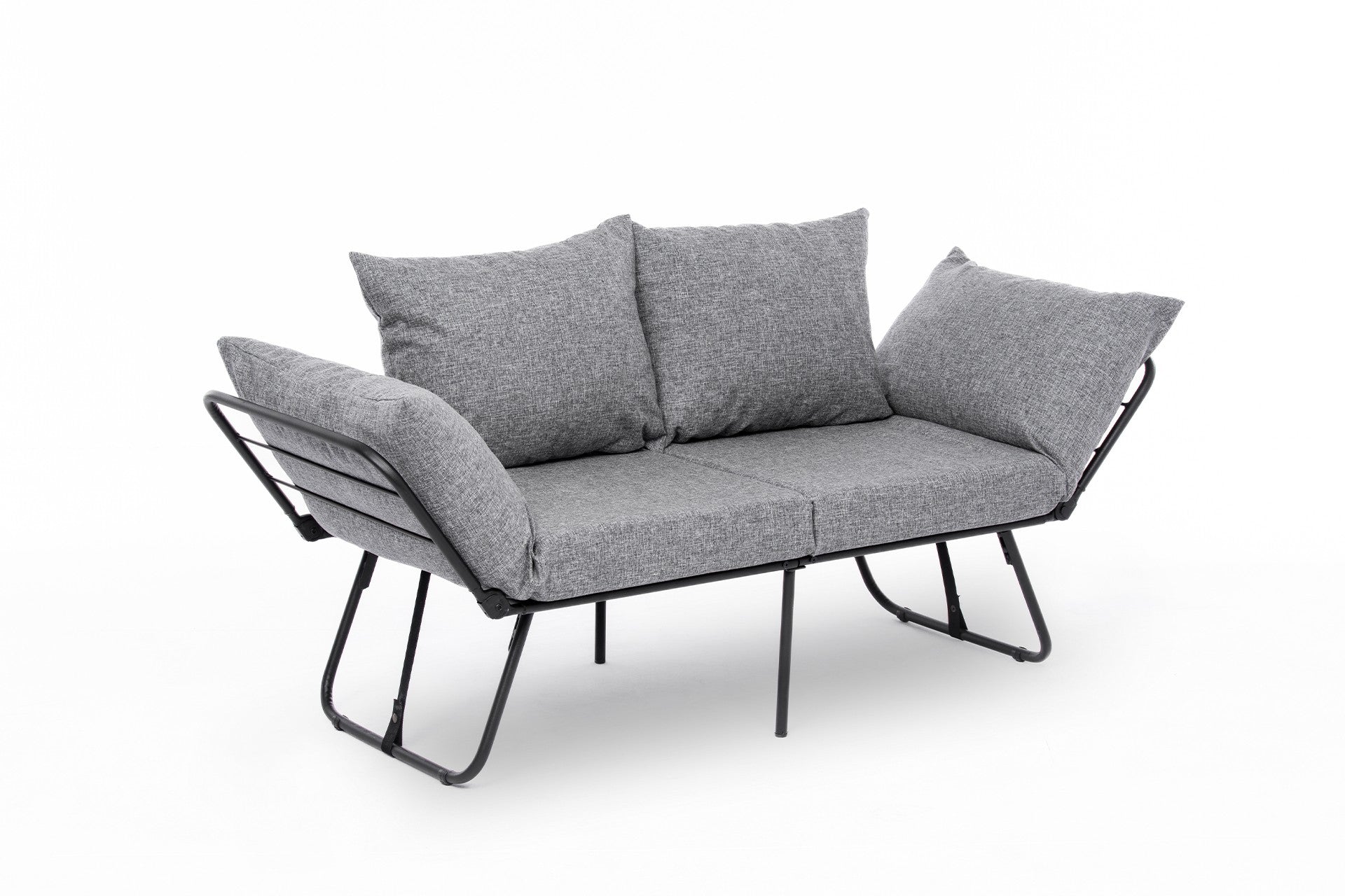 Sofá-cama cinza claro de 2 lugares, estrutura 100% metálica, tecido de linho, 150 cm | Facilmente conversível, braços ajustáveis em 14 níveis, perfeito para espaços modernos