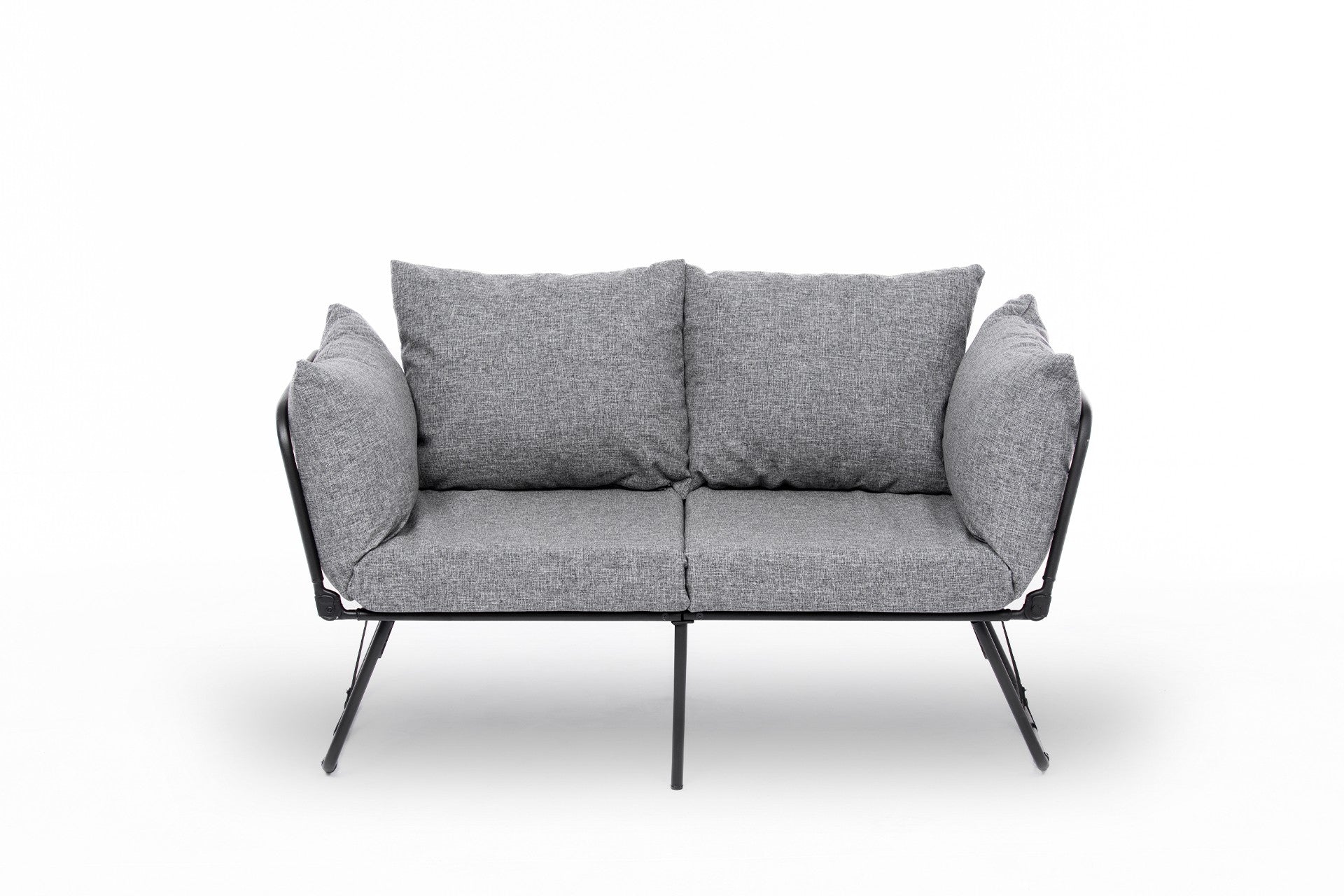 Sofá-cama cinza claro de 2 lugares, estrutura 100% metálica, tecido de linho, 150 cm | Facilmente conversível, braços ajustáveis em 14 níveis, perfeito para espaços modernos