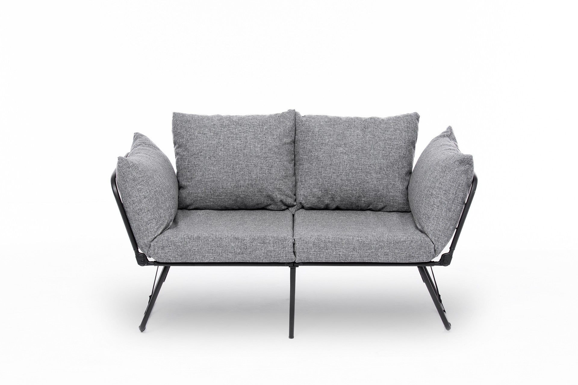 Sofá-cama cinza claro de 2 lugares, estrutura 100% metálica, tecido de linho, 150 cm | Facilmente conversível, braços ajustáveis em 14 níveis, perfeito para espaços modernos