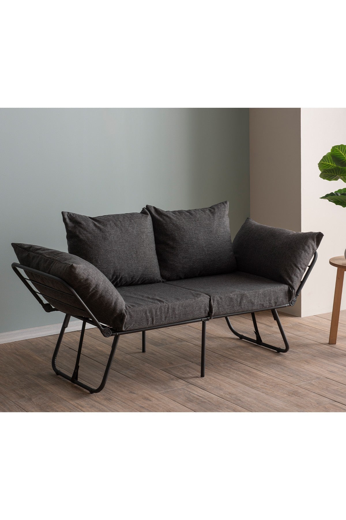 Sofá-cama elegante de 2 lugares, cinza escuro, 150 cm | Estrutura 100% metálica, tecido de linho, facilmente conversível, espuma 24 DNS, perfeito para espaços de convivência modernos