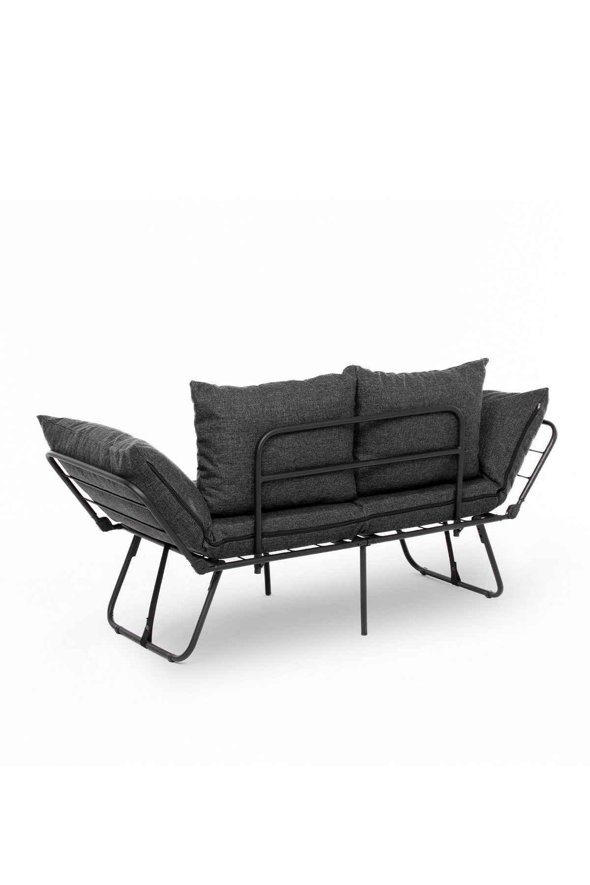 Sofá-cama elegante de 2 lugares, cinza escuro, 150 cm | Estrutura 100% metálica, tecido de linho, facilmente conversível, espuma 24 DNS, perfeito para espaços de convivência modernos