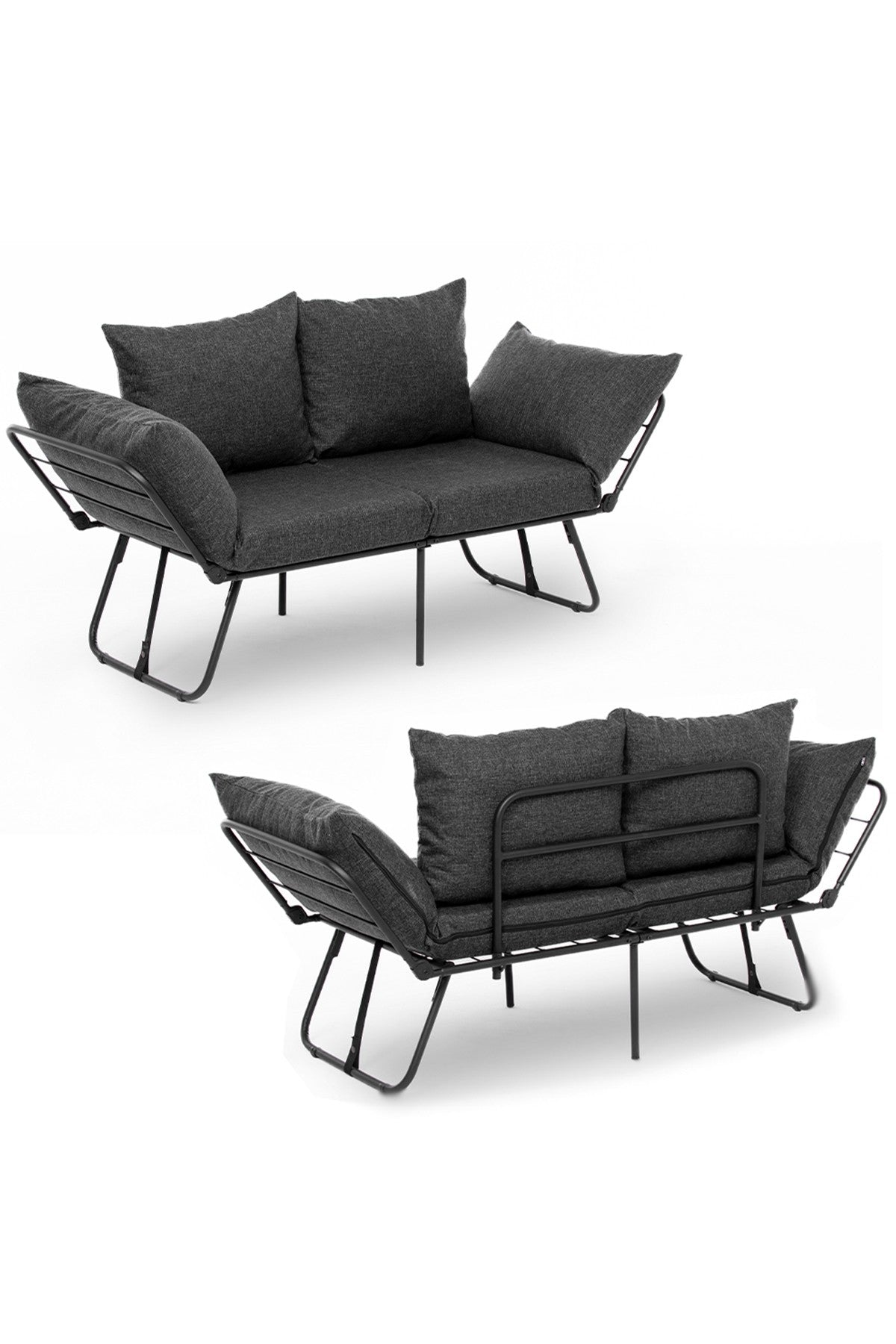 Sofá-cama elegante de 2 lugares, cinza escuro, 150 cm | Estrutura 100% metálica, tecido de linho, facilmente conversível, espuma 24 DNS, perfeito para espaços de convivência modernos