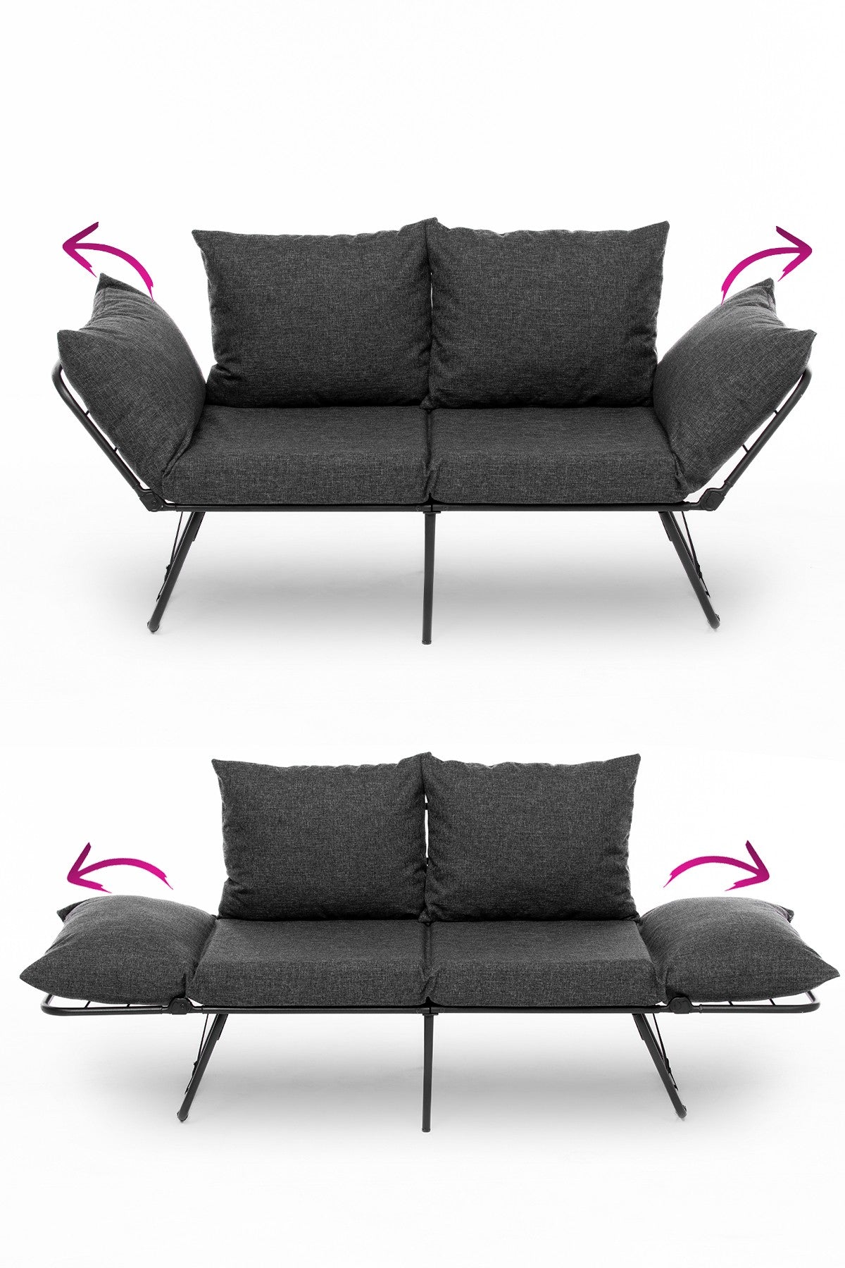Sofá-cama elegante de 2 lugares, cinza escuro, 150 cm | Estrutura 100% metálica, tecido de linho, facilmente conversível, espuma 24 DNS, perfeito para espaços de convivência modernos