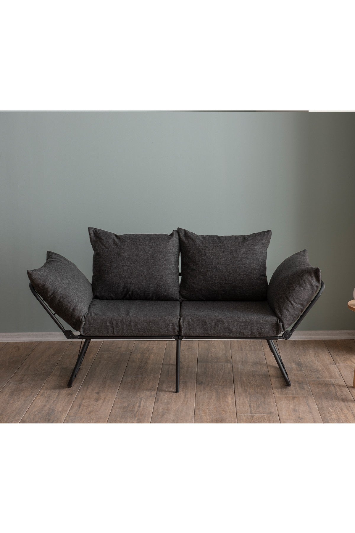Sofá-cama elegante de 2 lugares, cinza escuro, 150 cm | Estrutura 100% metálica, tecido de linho, facilmente conversível, espuma 24 DNS, perfeito para espaços de convivência modernos