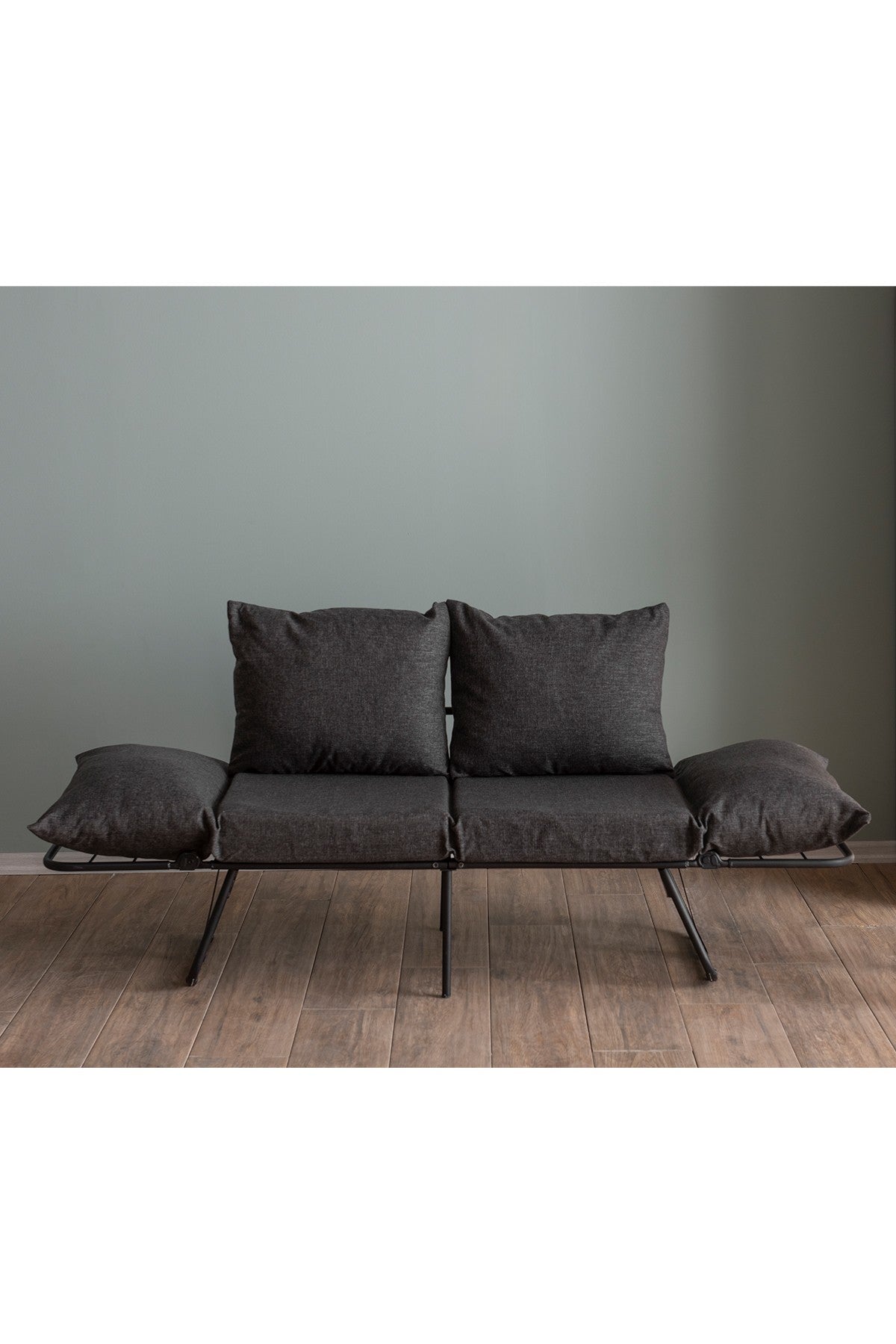 Sofá-cama elegante de 2 lugares, cinza escuro, 150 cm | Estrutura 100% metálica, tecido de linho, facilmente conversível, espuma 24 DNS, perfeito para espaços de convivência modernos