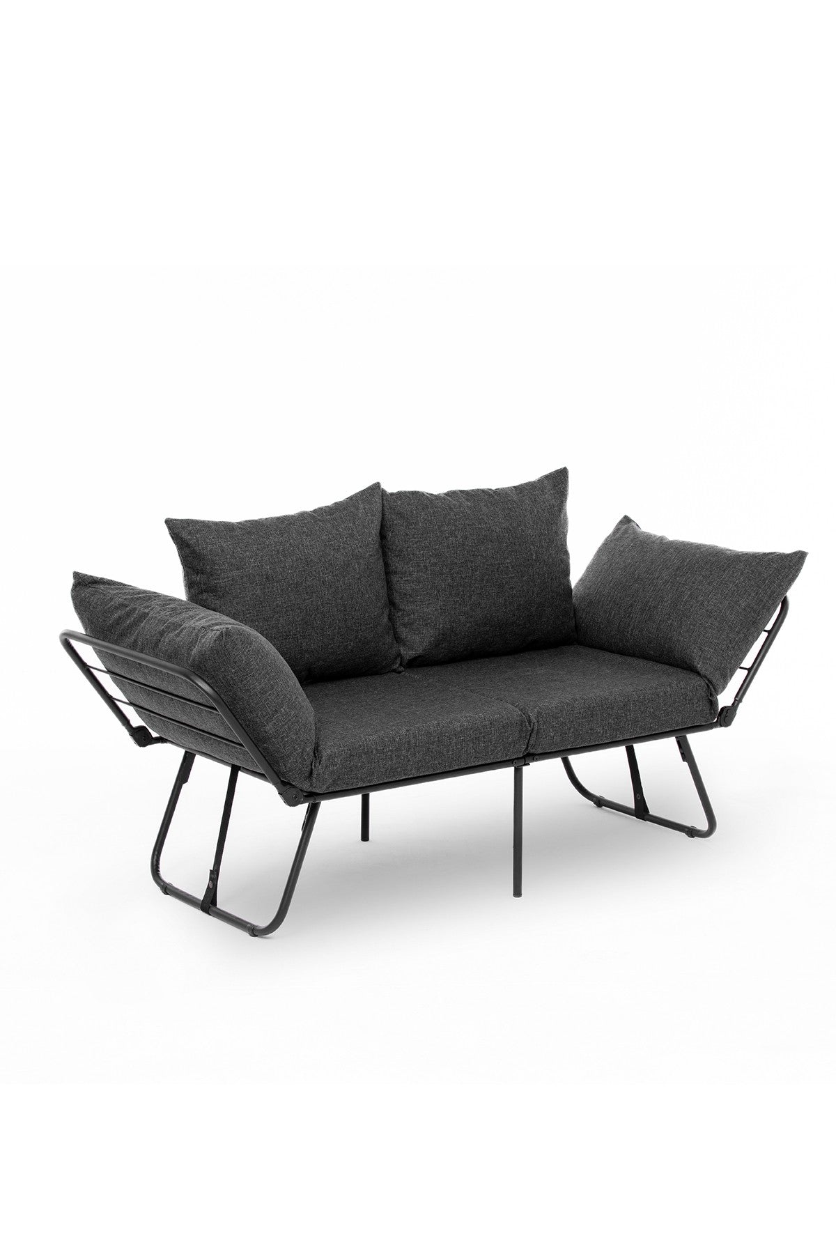 Sofá-cama elegante de 2 lugares, cinza escuro, 150 cm | Estrutura 100% metálica, tecido de linho, facilmente conversível, espuma 24 DNS, perfeito para espaços de convivência modernos
