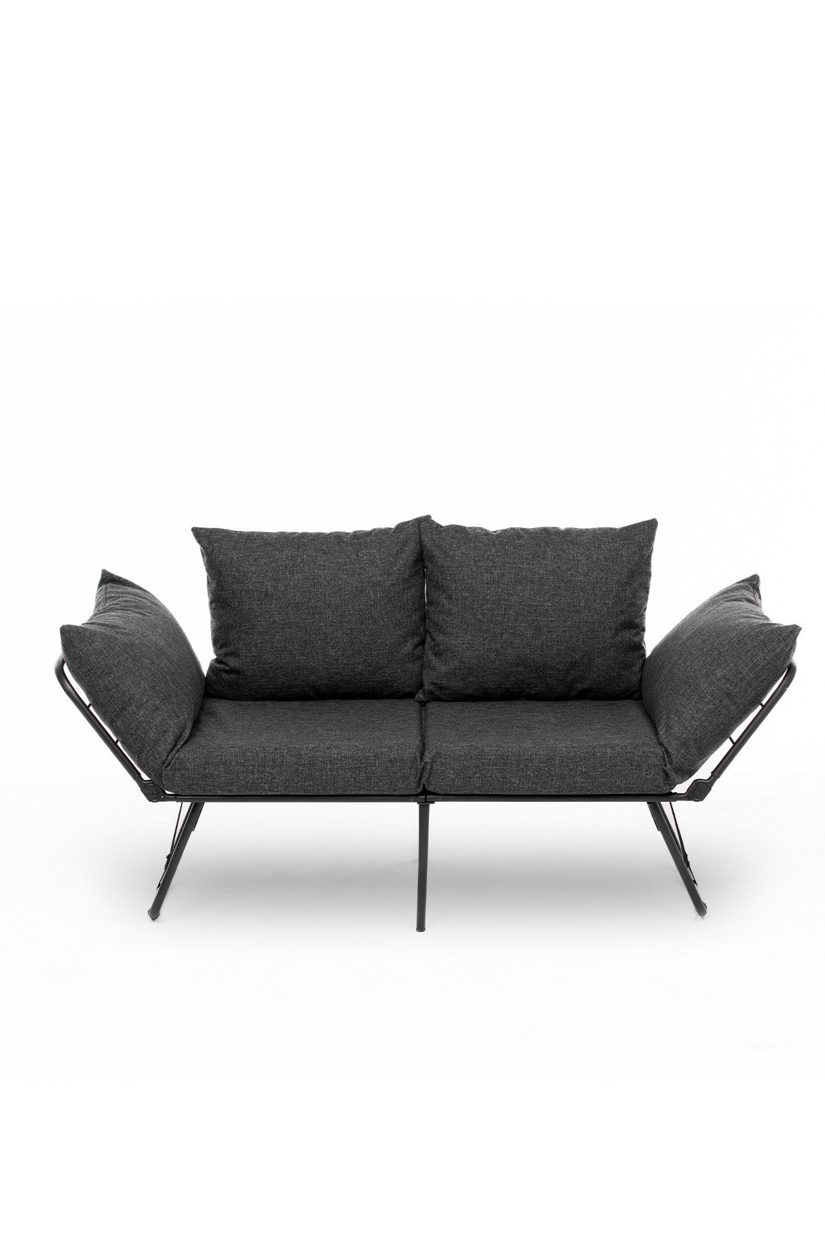 Sofá-cama elegante de 2 lugares, cinza escuro, 150 cm | Estrutura 100% metálica, tecido de linho, facilmente conversível, espuma 24 DNS, perfeito para espaços de convivência modernos