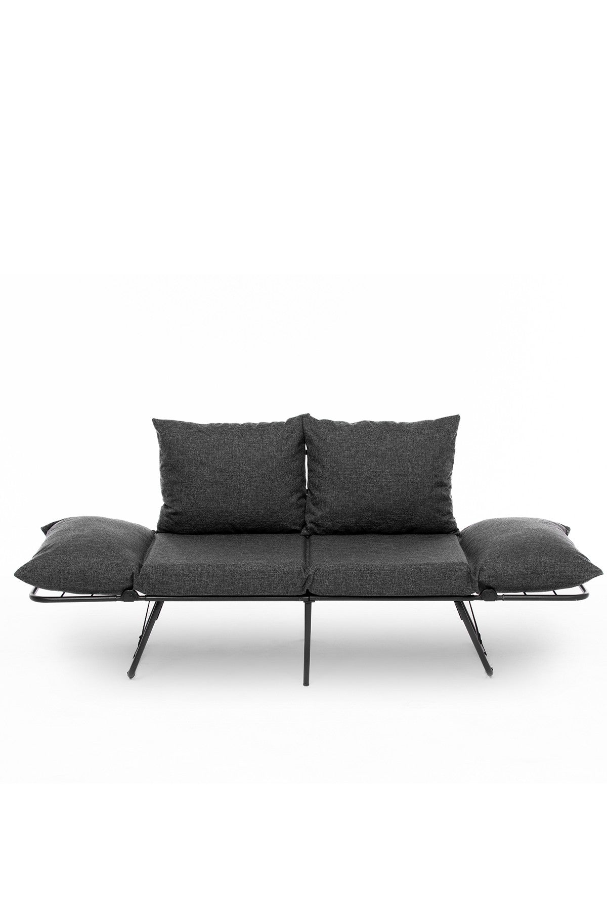 Sofá-cama elegante de 2 lugares, cinza escuro, 150 cm | Estrutura 100% metálica, tecido de linho, facilmente conversível, espuma 24 DNS, perfeito para espaços de convivência modernos