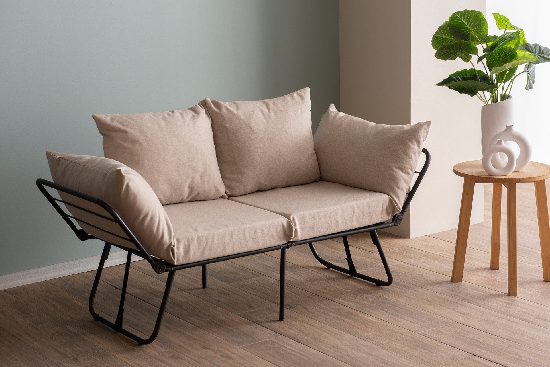 Sofá-cama elegante de 2 lugares, tecido de linho creme, 150 cm | Estrutura 100% metálica, braços ajustáveis, fácil conversão | Perfeito para espaços de convivência modernos