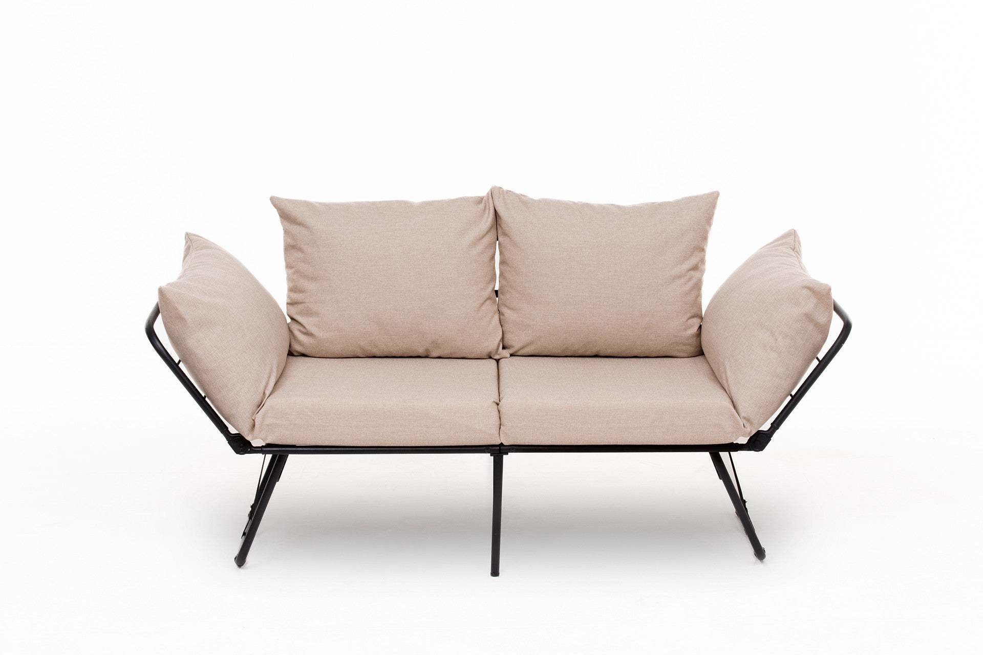 Sofá-cama elegante de 2 lugares, tecido de linho creme, 150 cm | Estrutura 100% metálica, braços ajustáveis, fácil conversão | Perfeito para espaços de convivência modernos