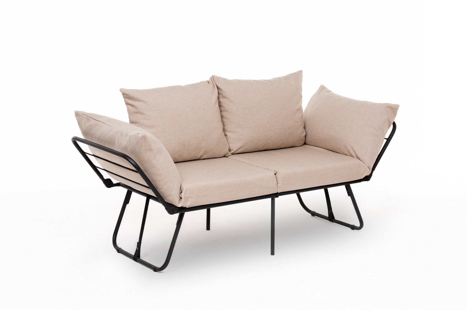 Sofá-cama elegante de 2 lugares, tecido de linho creme, 150 cm | Estrutura 100% metálica, braços ajustáveis, fácil conversão | Perfeito para espaços de convivência modernos
