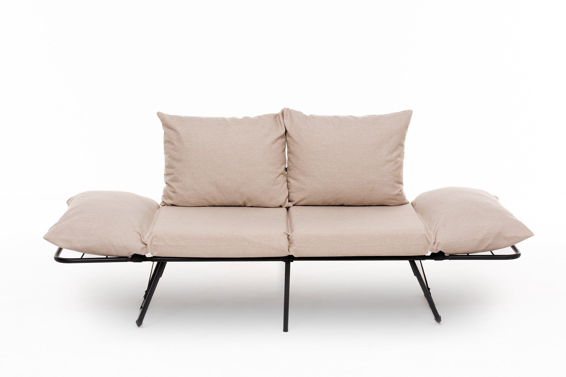 Sofá-cama elegante de 2 lugares, tecido de linho creme, 150 cm | Estrutura 100% metálica, braços ajustáveis, fácil conversão | Perfeito para espaços de convivência modernos