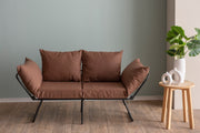 Sofá-cama marrom claro de 2 lugares, estrutura 100% metálica, tecido de linho, 150 cm | Facilmente conversível, braços ajustáveis em 14 níveis, perfeito para espaços modernos
