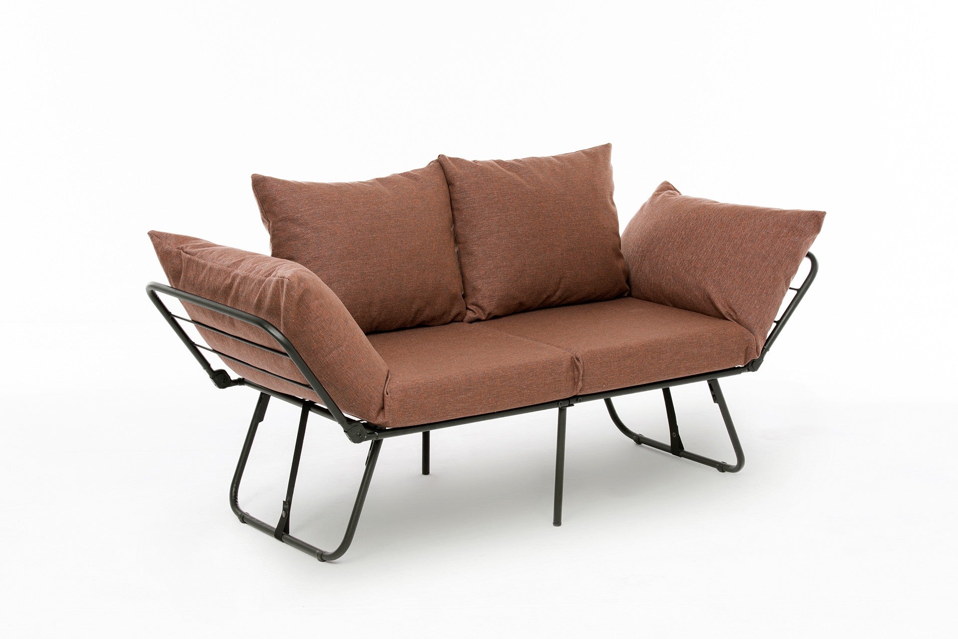 Sofá-cama marrom claro de 2 lugares, estrutura 100% metálica, tecido de linho, 150 cm | Facilmente conversível, braços ajustáveis em 14 níveis, perfeito para espaços modernos