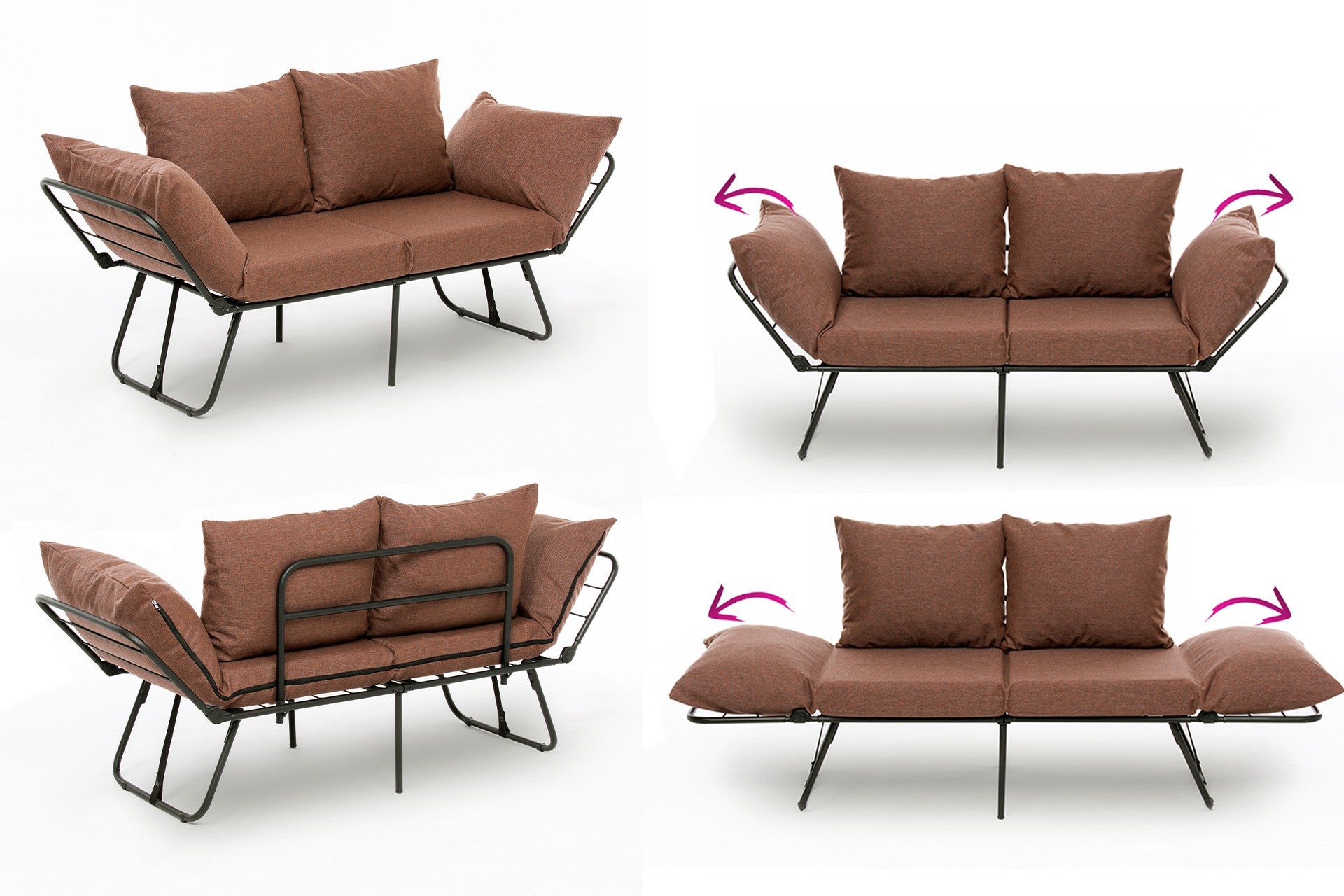Sofá-cama marrom claro de 2 lugares, estrutura 100% metálica, tecido de linho, 150 cm | Facilmente conversível, braços ajustáveis em 14 níveis, perfeito para espaços modernos