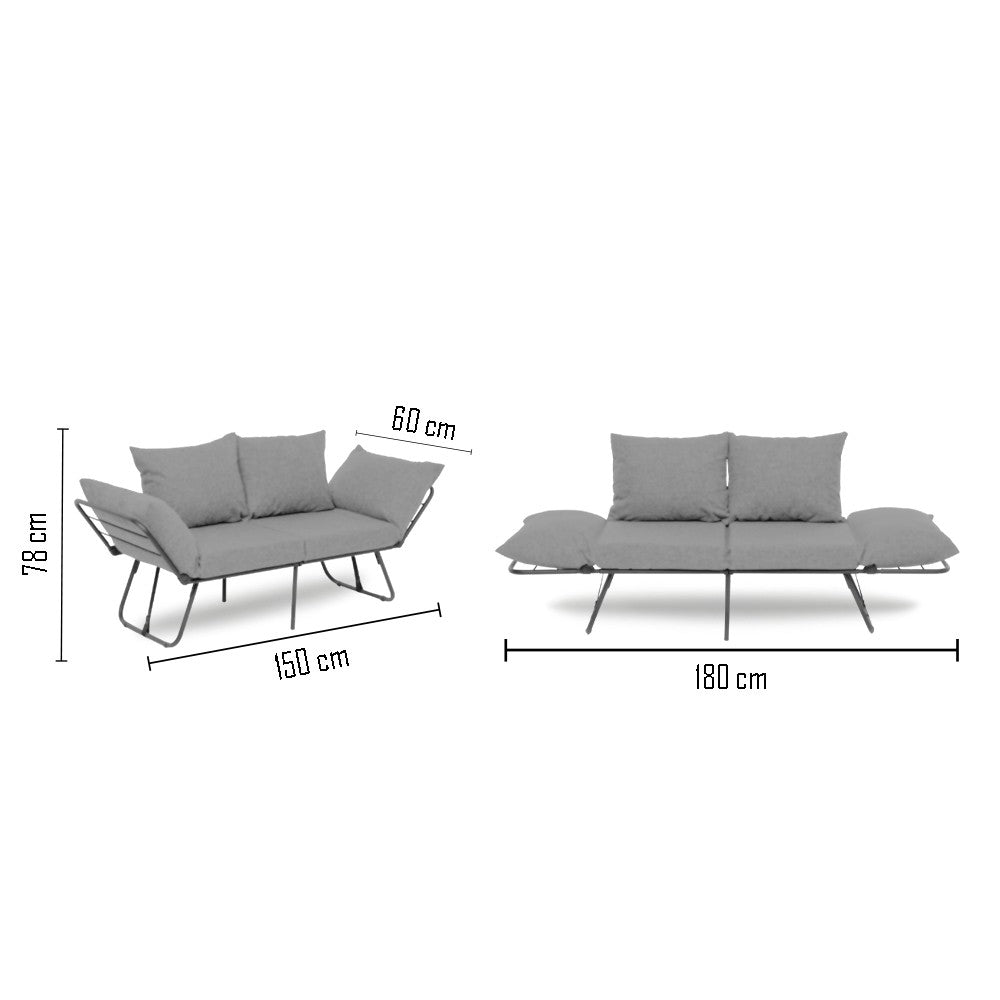 Sofá-cama marrom claro de 2 lugares, estrutura 100% metálica, tecido de linho, 150 cm | Facilmente conversível, braços ajustáveis em 14 níveis, perfeito para espaços modernos