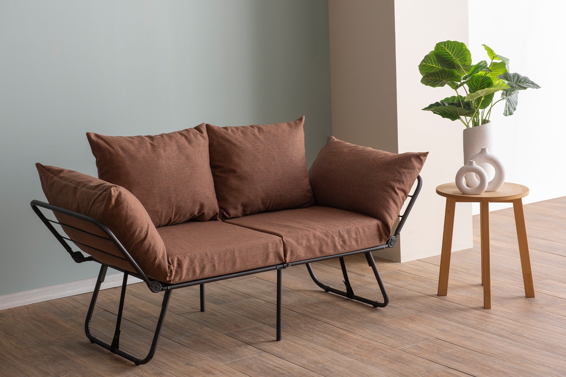 Sofá-cama marrom claro de 2 lugares, estrutura 100% metálica, tecido de linho, 150 cm | Facilmente conversível, braços ajustáveis em 14 níveis, perfeito para espaços modernos