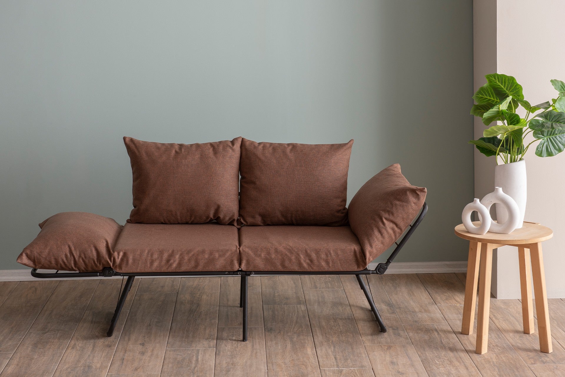 Sofá-cama marrom claro de 2 lugares, estrutura 100% metálica, tecido de linho, 150 cm | Facilmente conversível, braços ajustáveis em 14 níveis, perfeito para espaços modernos