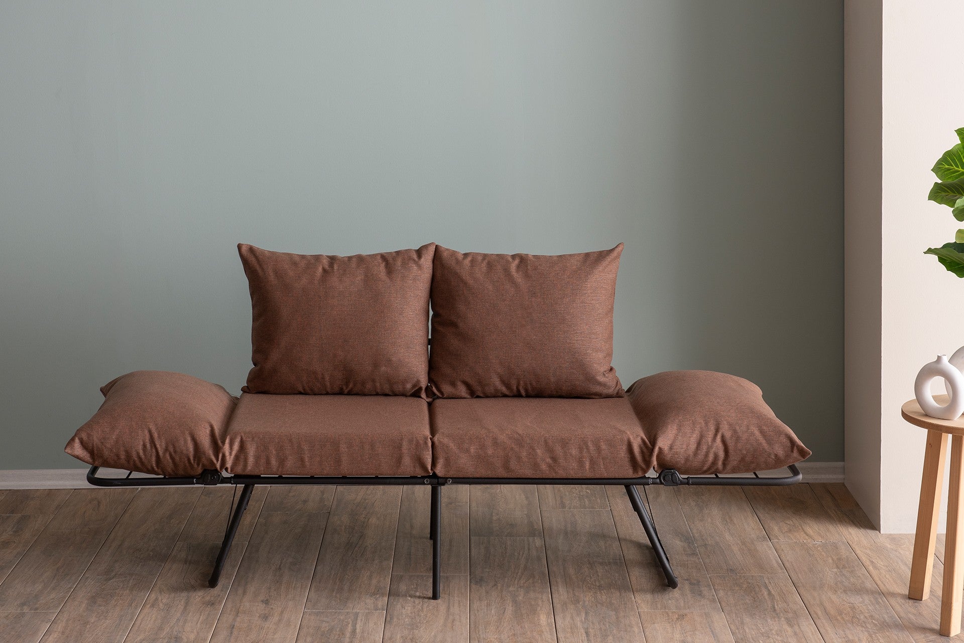 Sofá-cama marrom claro de 2 lugares, estrutura 100% metálica, tecido de linho, 150 cm | Facilmente conversível, braços ajustáveis em 14 níveis, perfeito para espaços modernos