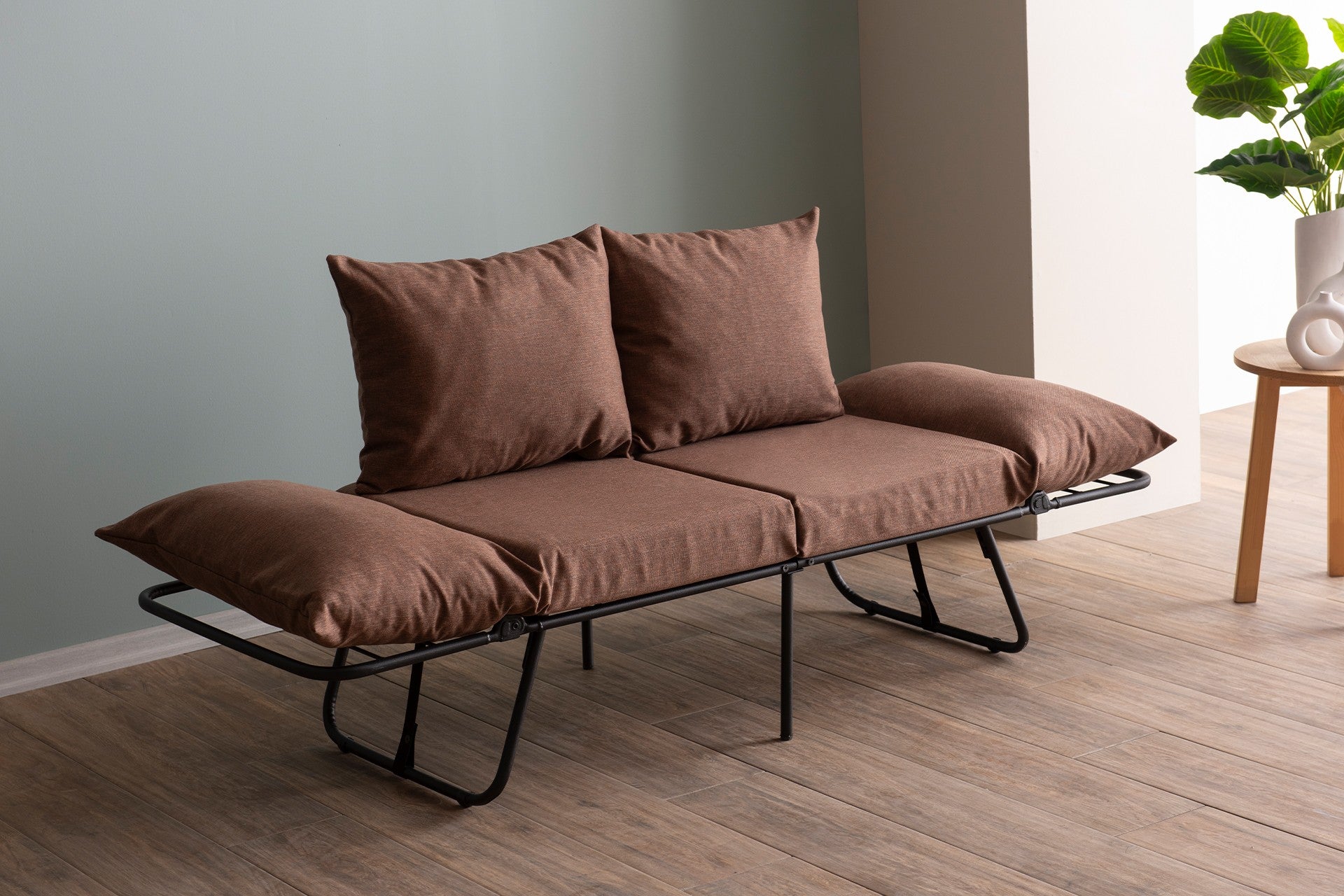 Sofá-cama marrom claro de 2 lugares, estrutura 100% metálica, tecido de linho, 150 cm | Facilmente conversível, braços ajustáveis em 14 níveis, perfeito para espaços modernos