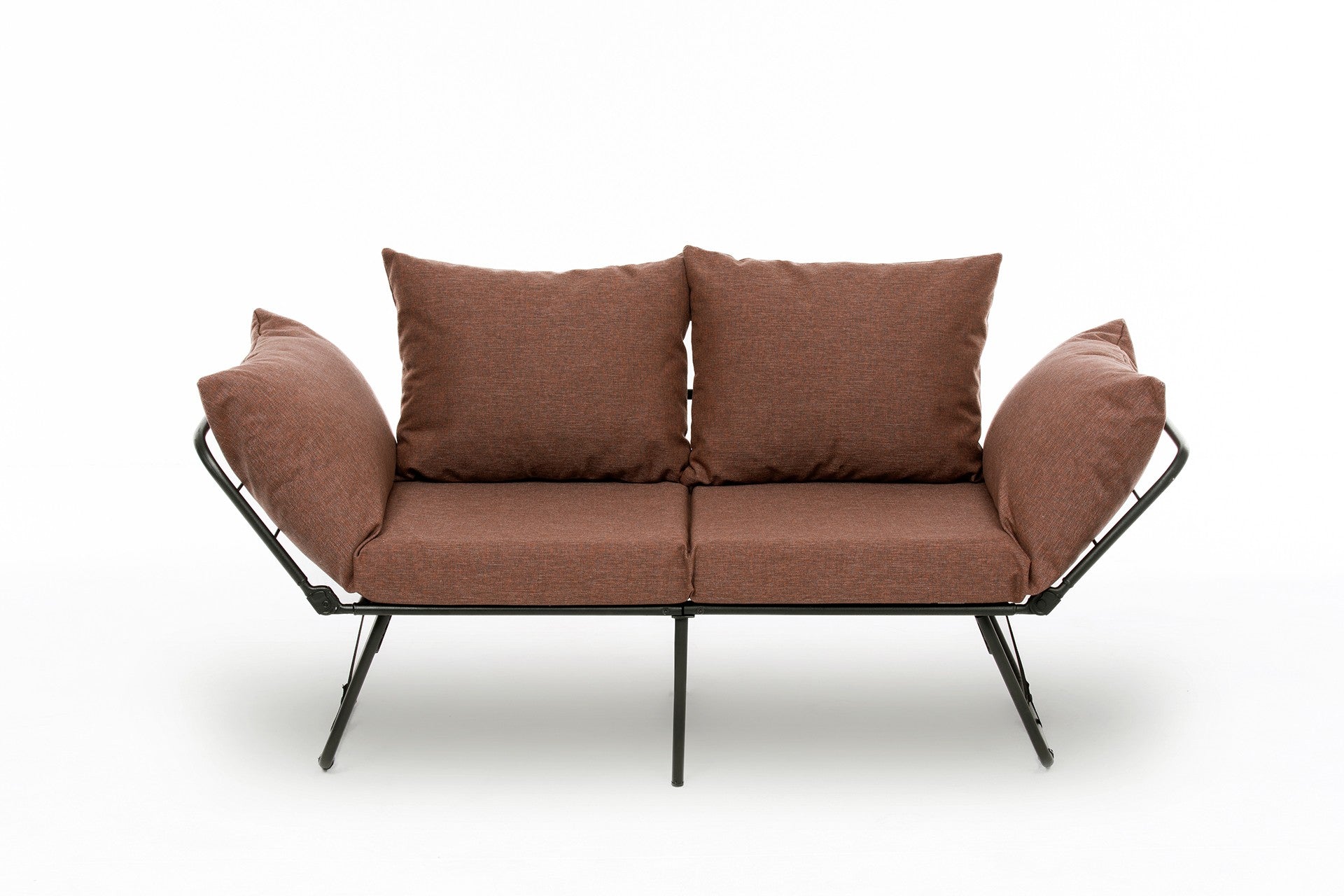 Sofá-cama marrom claro de 2 lugares, estrutura 100% metálica, tecido de linho, 150 cm | Facilmente conversível, braços ajustáveis em 14 níveis, perfeito para espaços modernos