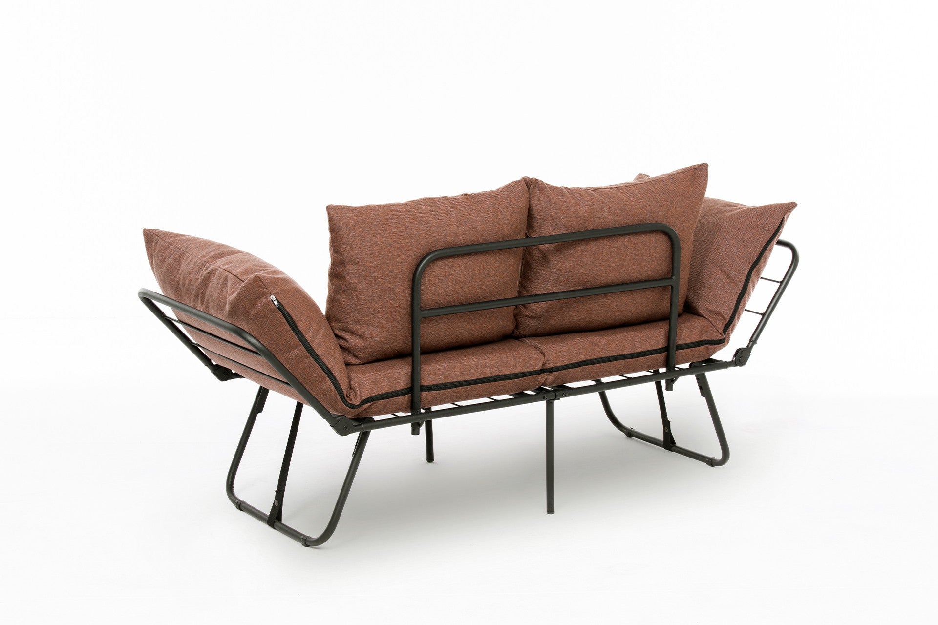 Sofá-cama marrom claro de 2 lugares, estrutura 100% metálica, tecido de linho, 150 cm | Facilmente conversível, braços ajustáveis em 14 níveis, perfeito para espaços modernos