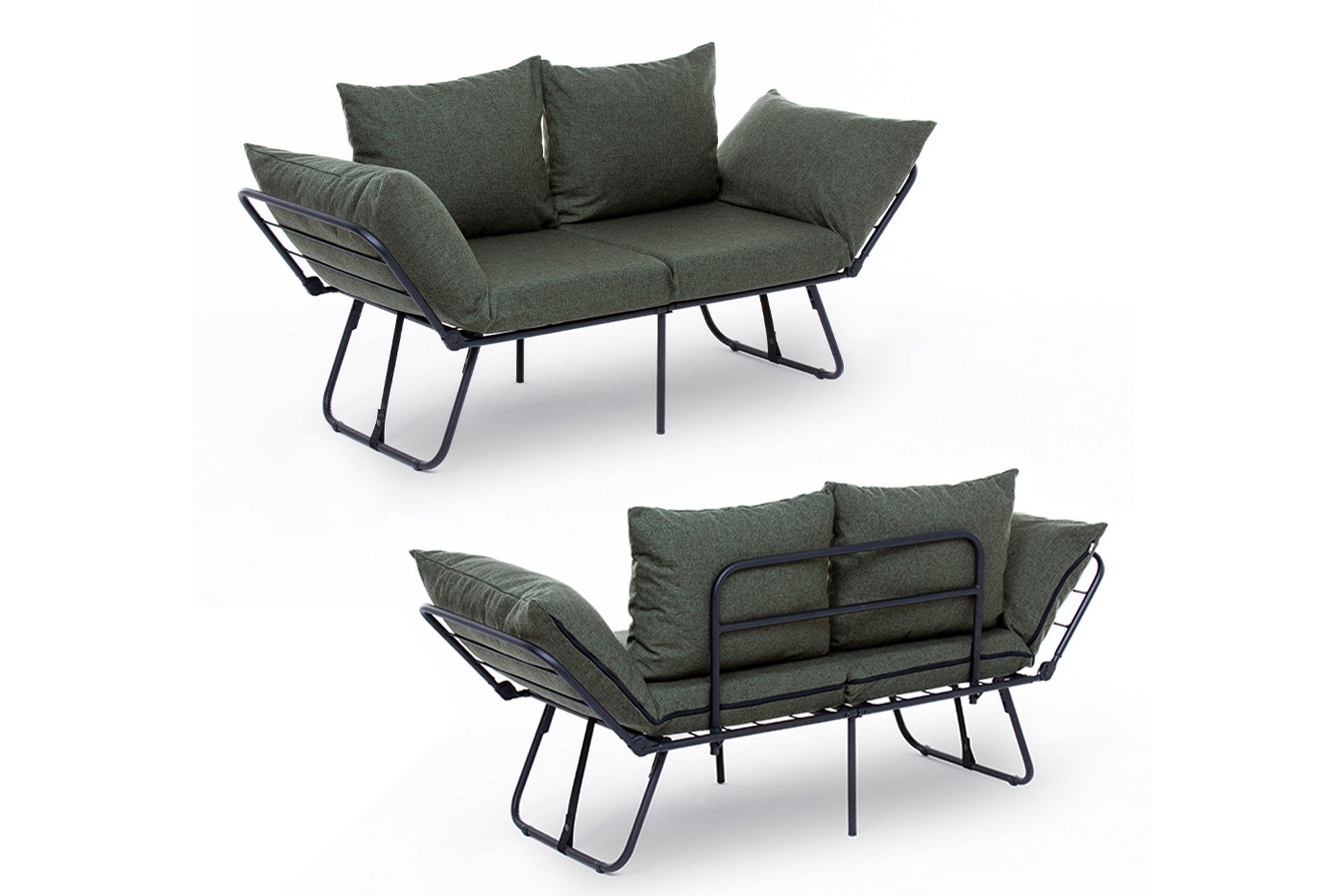 Sofá-cama elegante de 2 lugares, tecido de linho verde, 150 cm | Estrutura 100% metálica, braços ajustáveis, fácil conversão | Perfeito para espaços de convivência modernos