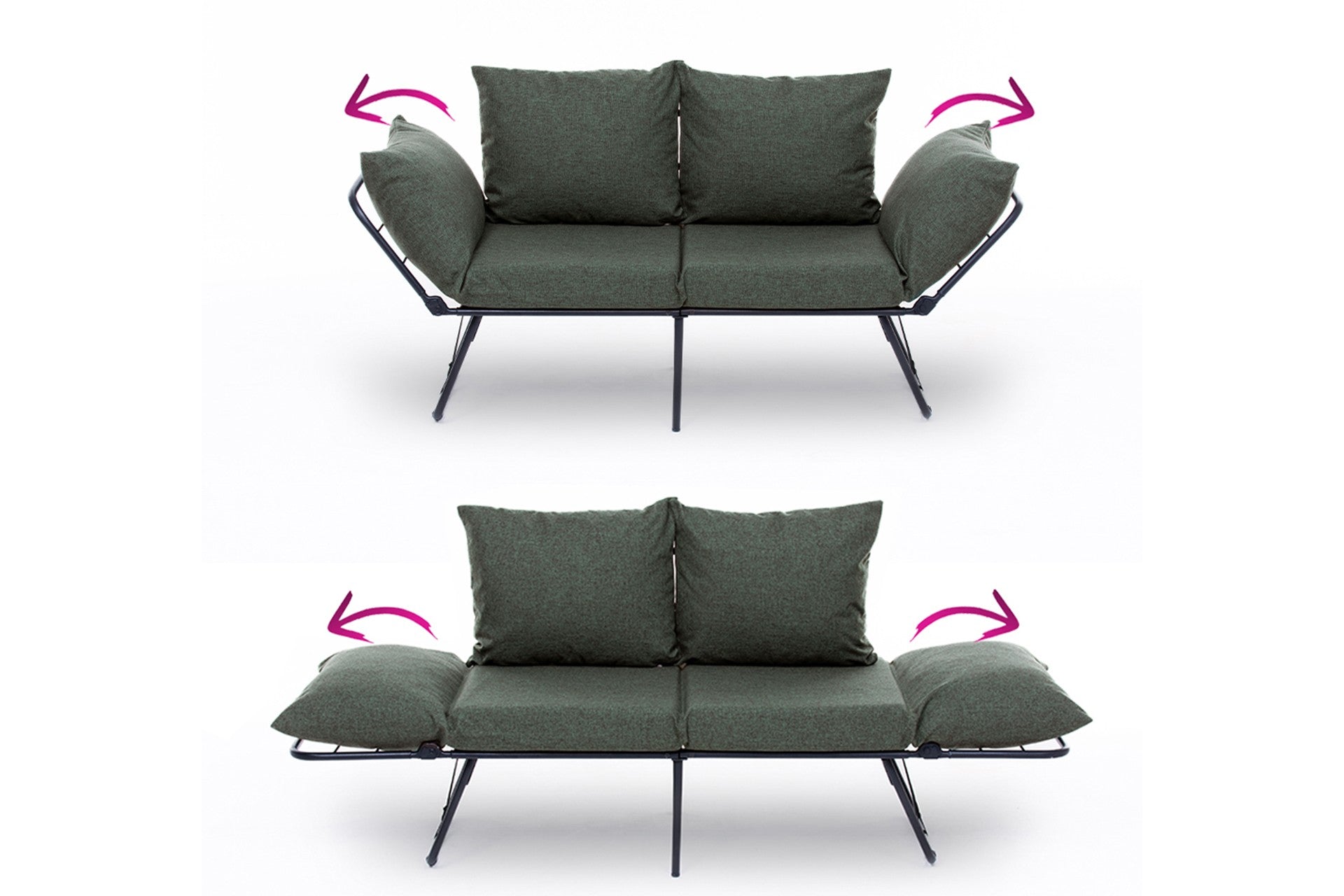 Sofá-cama elegante de 2 lugares, tecido de linho verde, 150 cm | Estrutura 100% metálica, braços ajustáveis, fácil conversão | Perfeito para espaços de convivência modernos