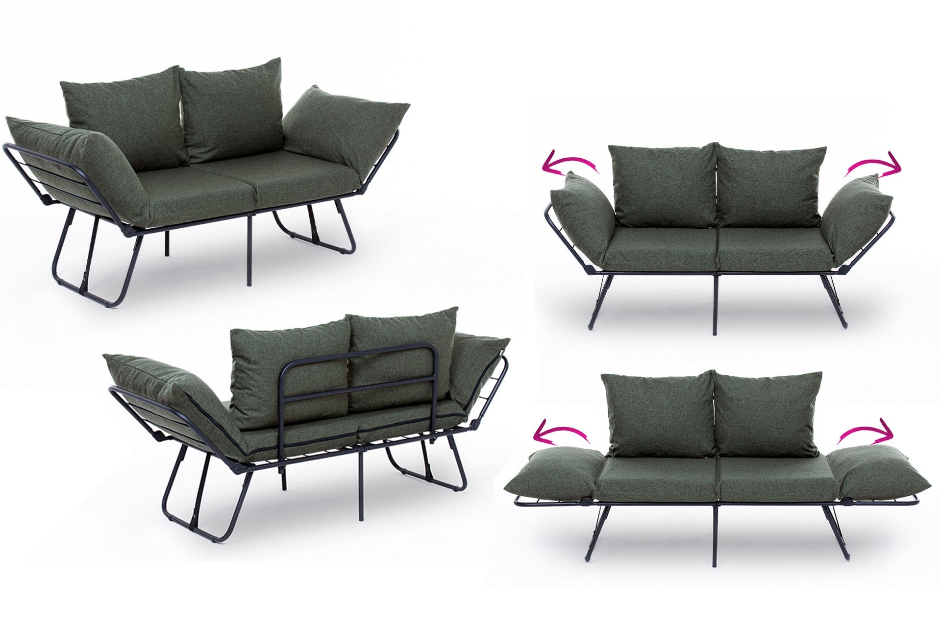 Sofá-cama elegante de 2 lugares, tecido de linho verde, 150 cm | Estrutura 100% metálica, braços ajustáveis, fácil conversão | Perfeito para espaços de convivência modernos