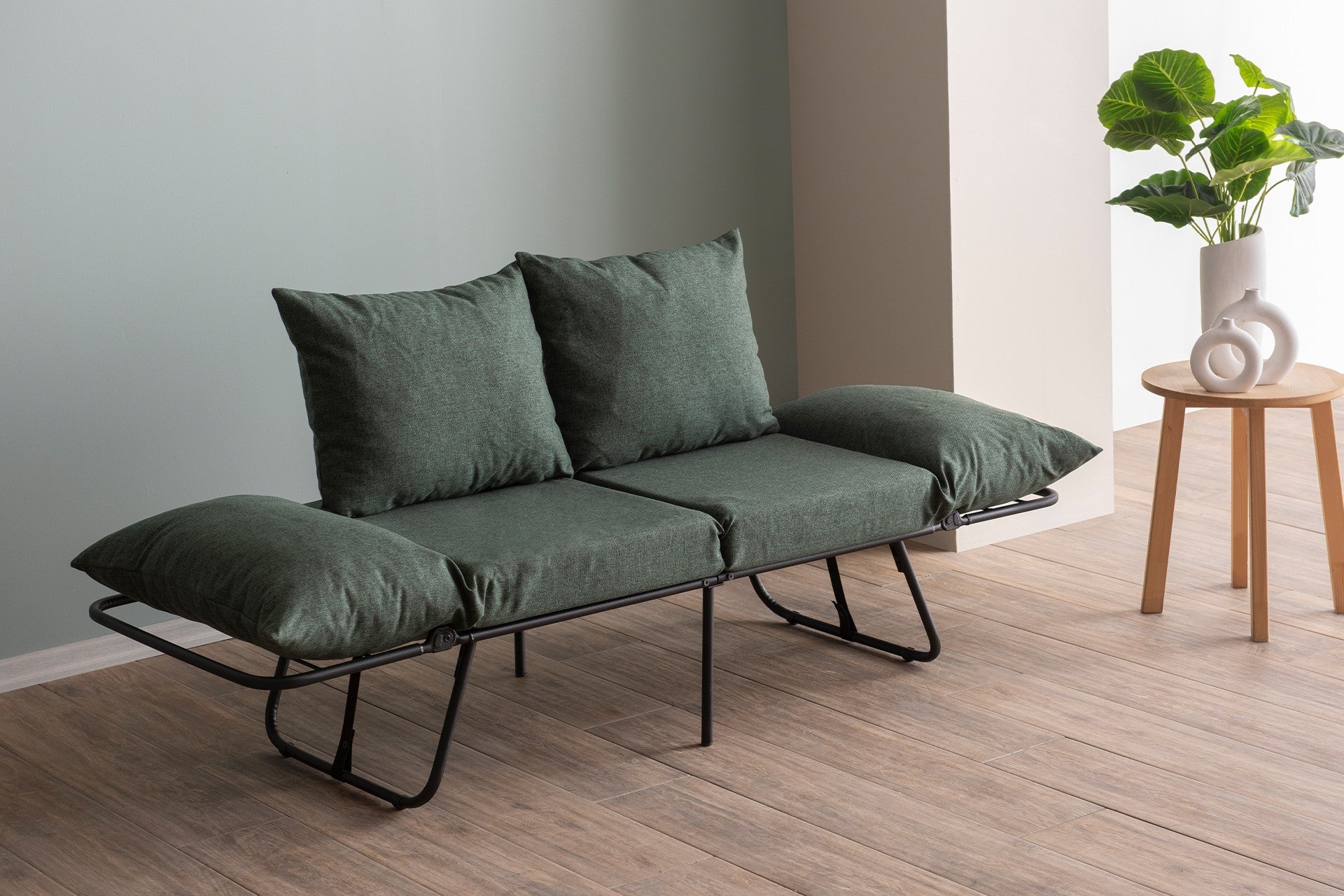 Sofá-cama elegante de 2 lugares, tecido de linho verde, 150 cm | Estrutura 100% metálica, braços ajustáveis, fácil conversão | Perfeito para espaços de convivência modernos