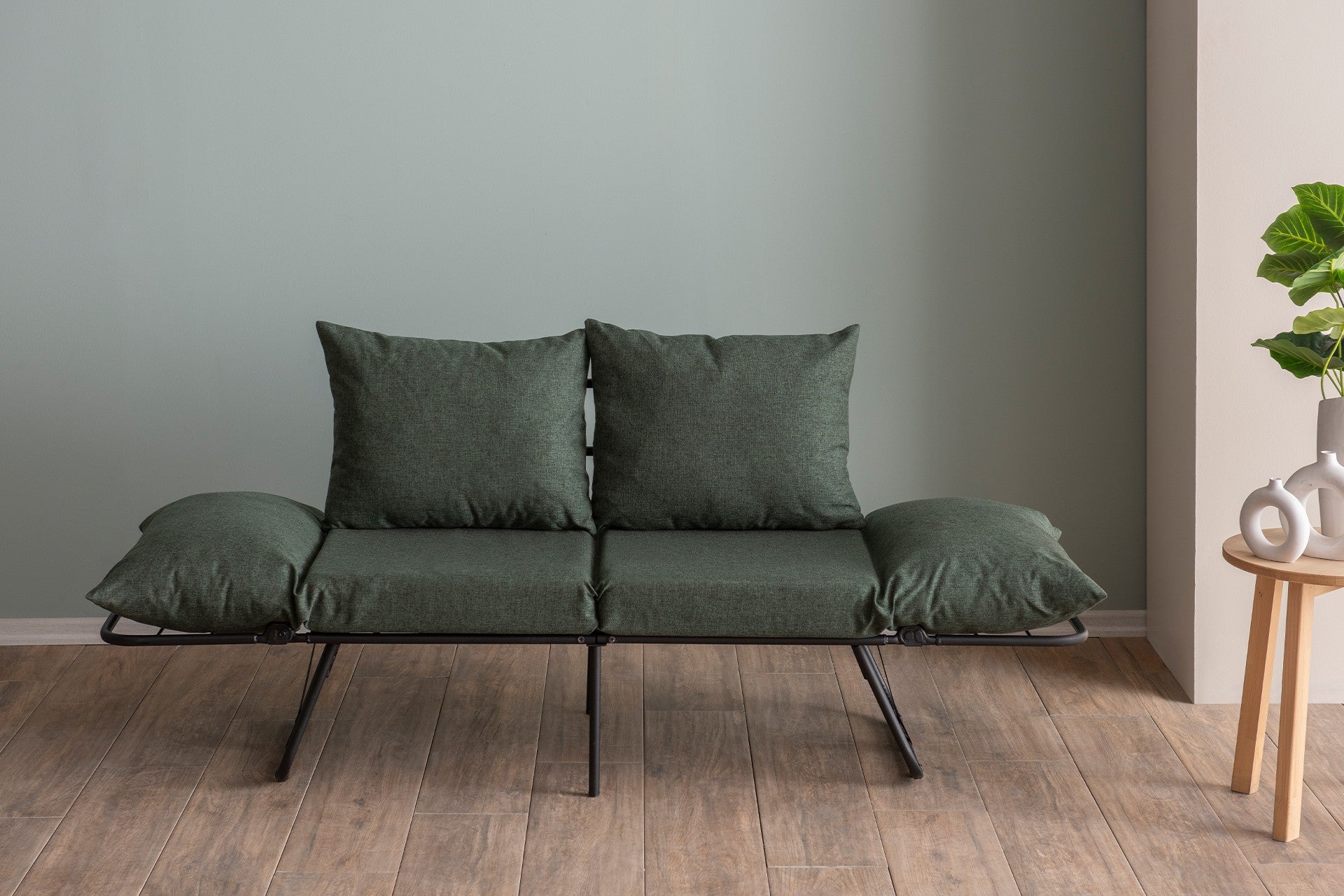 Sofá-cama elegante de 2 lugares, tecido de linho verde, 150 cm | Estrutura 100% metálica, braços ajustáveis, fácil conversão | Perfeito para espaços de convivência modernos