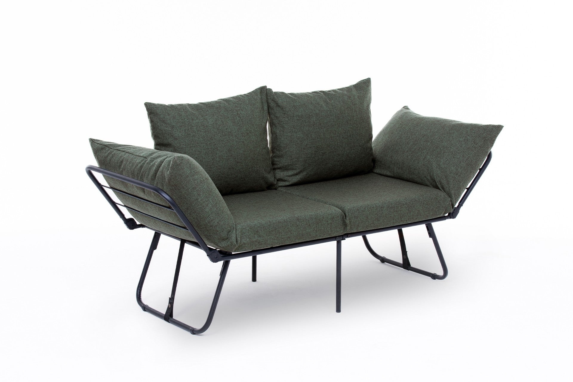 Sofá-cama elegante de 2 lugares, tecido de linho verde, 150 cm | Estrutura 100% metálica, braços ajustáveis, fácil conversão | Perfeito para espaços de convivência modernos