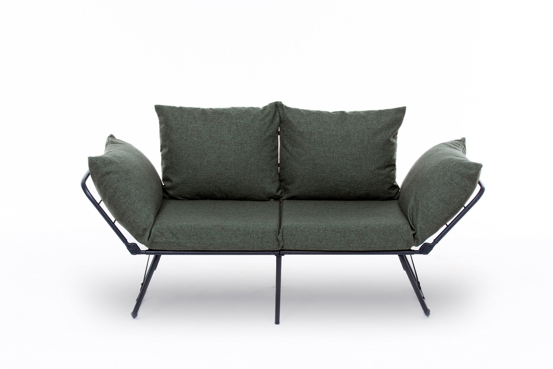 Sofá-cama elegante de 2 lugares, tecido de linho verde, 150 cm | Estrutura 100% metálica, braços ajustáveis, fácil conversão | Perfeito para espaços de convivência modernos