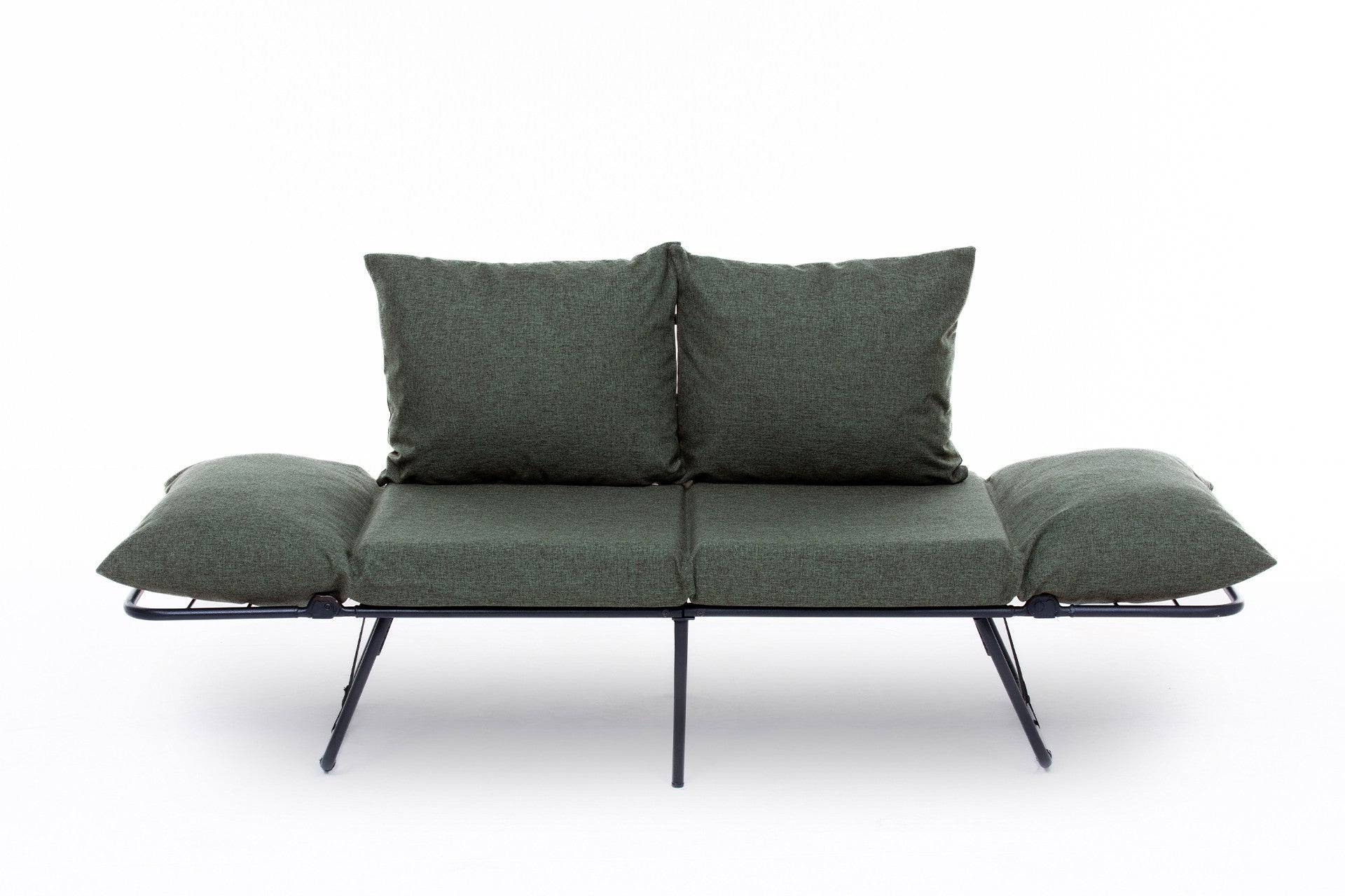 Sofá-cama elegante de 2 lugares, tecido de linho verde, 150 cm | Estrutura 100% metálica, braços ajustáveis, fácil conversão | Perfeito para espaços de convivência modernos