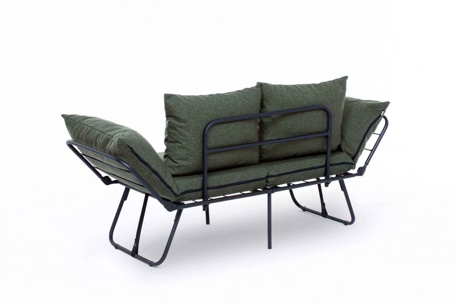 Sofá-cama elegante de 2 lugares, tecido de linho verde, 150 cm | Estrutura 100% metálica, braços ajustáveis, fácil conversão | Perfeito para espaços de convivência modernos