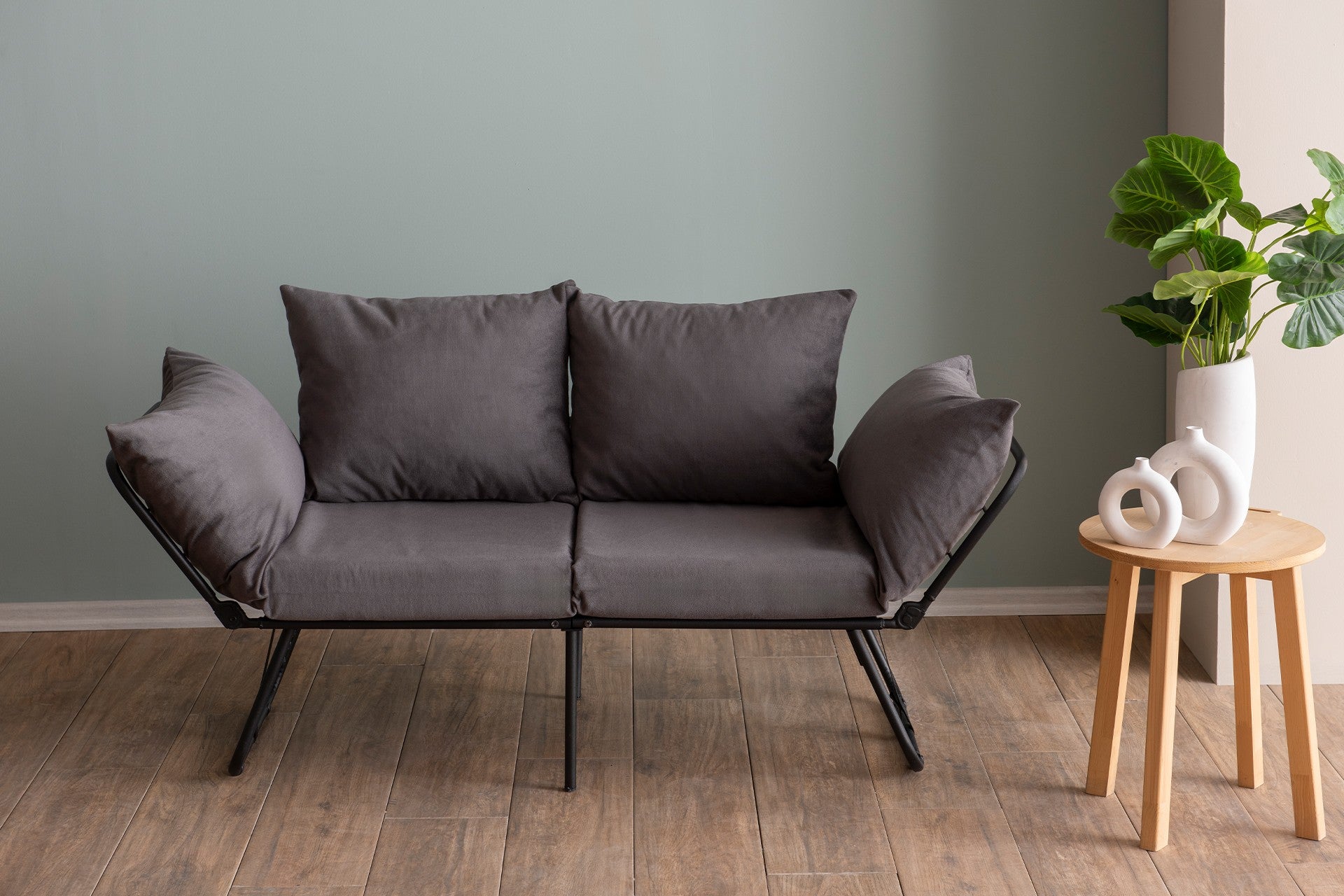 Sofá-cama elegante de 2 lugares, cinza, 150 cm | Estrutura 100% metálica, tecido 100% poliéster | Fácil de converter, braços ajustáveis em 14 níveis, perfeito para espaços modernos