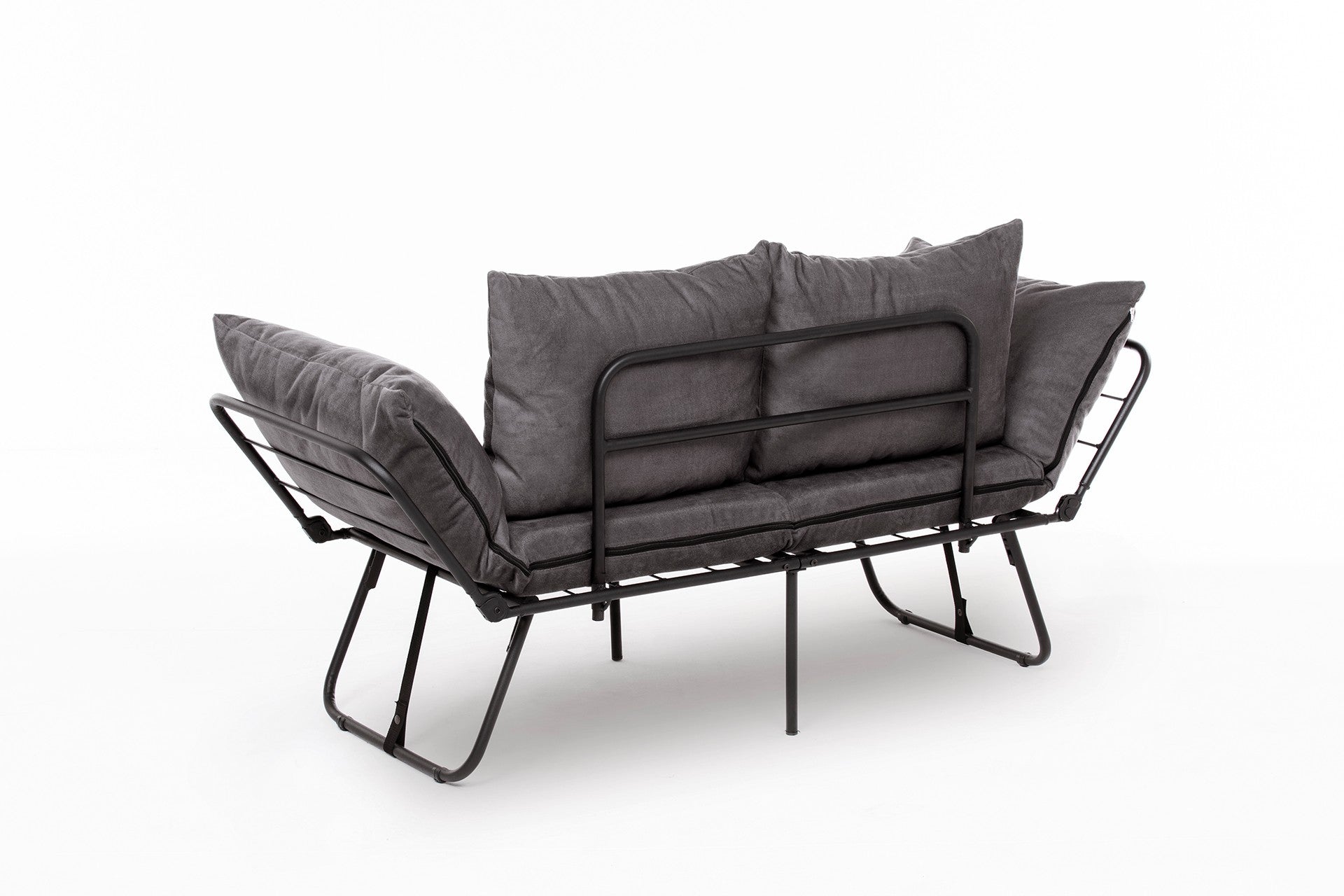 Sofá-cama elegante de 2 lugares, cinza, 150 cm | Estrutura 100% metálica, tecido 100% poliéster | Fácil de converter, braços ajustáveis em 14 níveis, perfeito para espaços modernos